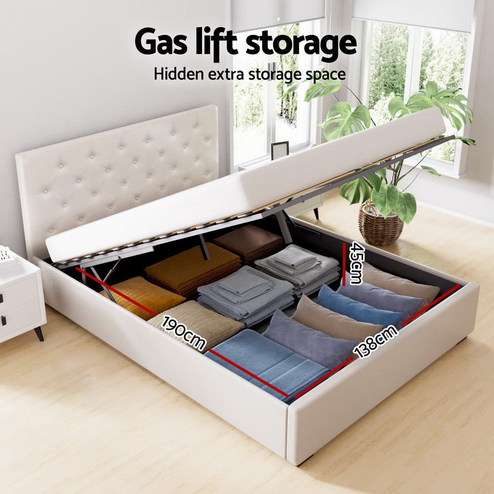 Double Package | Dorilla Gas Lift Storage Bed Frame Beige & Bonita Pillow Top Mattress (Medium Firm) with open storage space filled with linens
