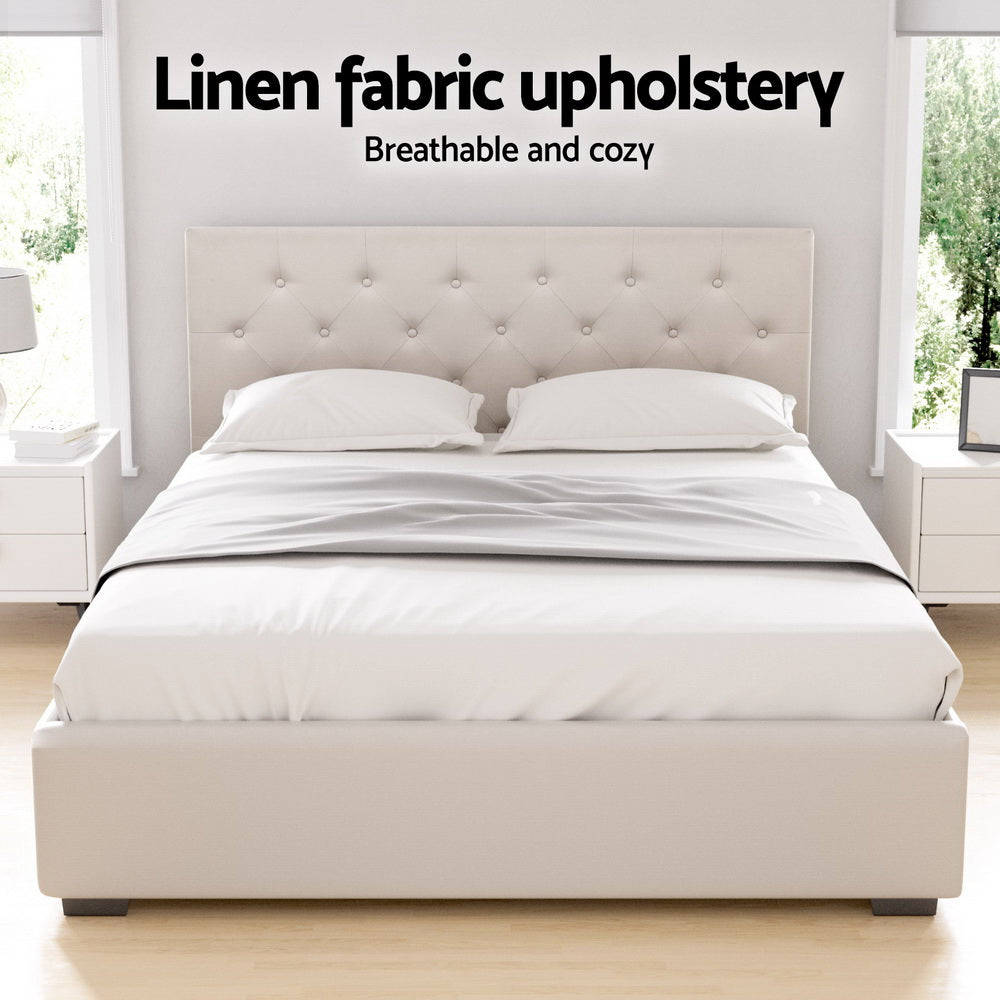 Double Package | Dorilla Gas Lift Storage Bed Frame Beige with linen fabric upholstery and Bonita Pillow Top Medium Firm Mattress