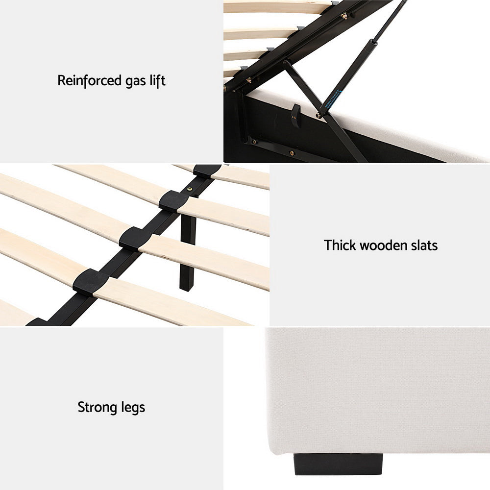Close-up details of Double Package | Dorilla Gas Lift Storage Bed Frame Beige & Bonita Pillow Top Mattress showing gas lift, wooden slats, and legs