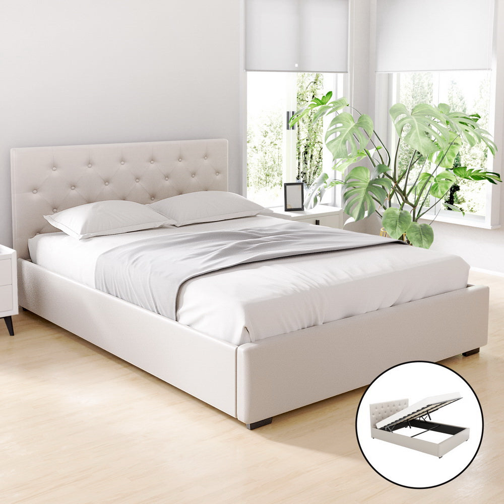 Double Package | Dorilla Gas Lift Storage Bed Frame Beige & Bonita Pillow Top Mattress (Medium Firm) in bright bedroom setting