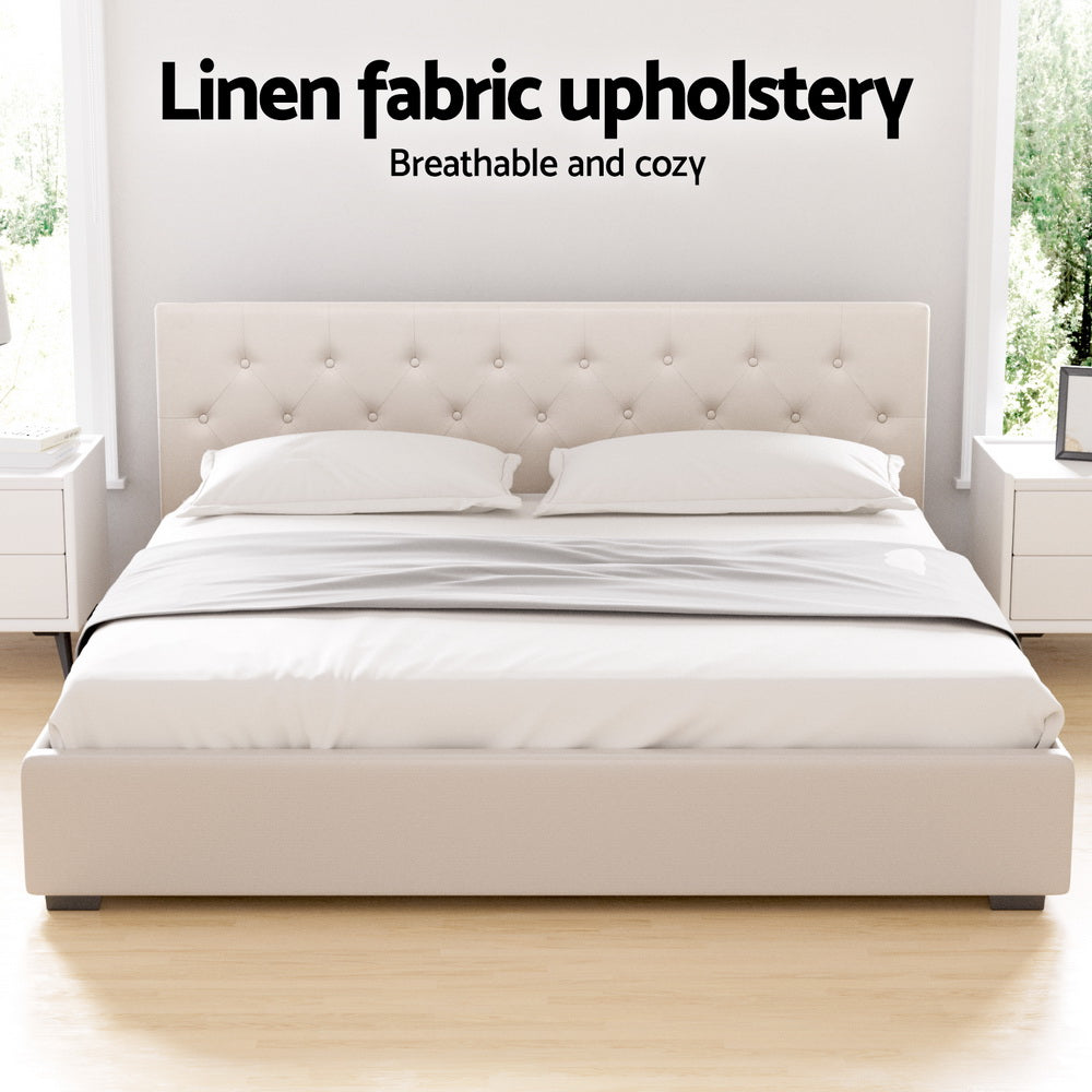 King Package | Dorilla Gas Lift Storage Bed Frame Beige & Bonita Pillow Top Mattress (Medium Firm)