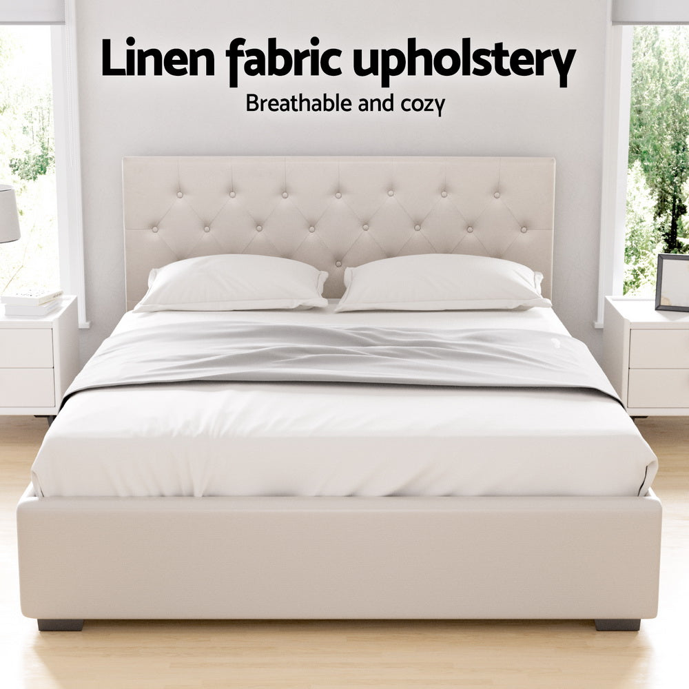 Queen Package | Dorilla Gas Lift Storage Bed Frame Beige & Bonita Pillow Top Mattress (Medium Firm)