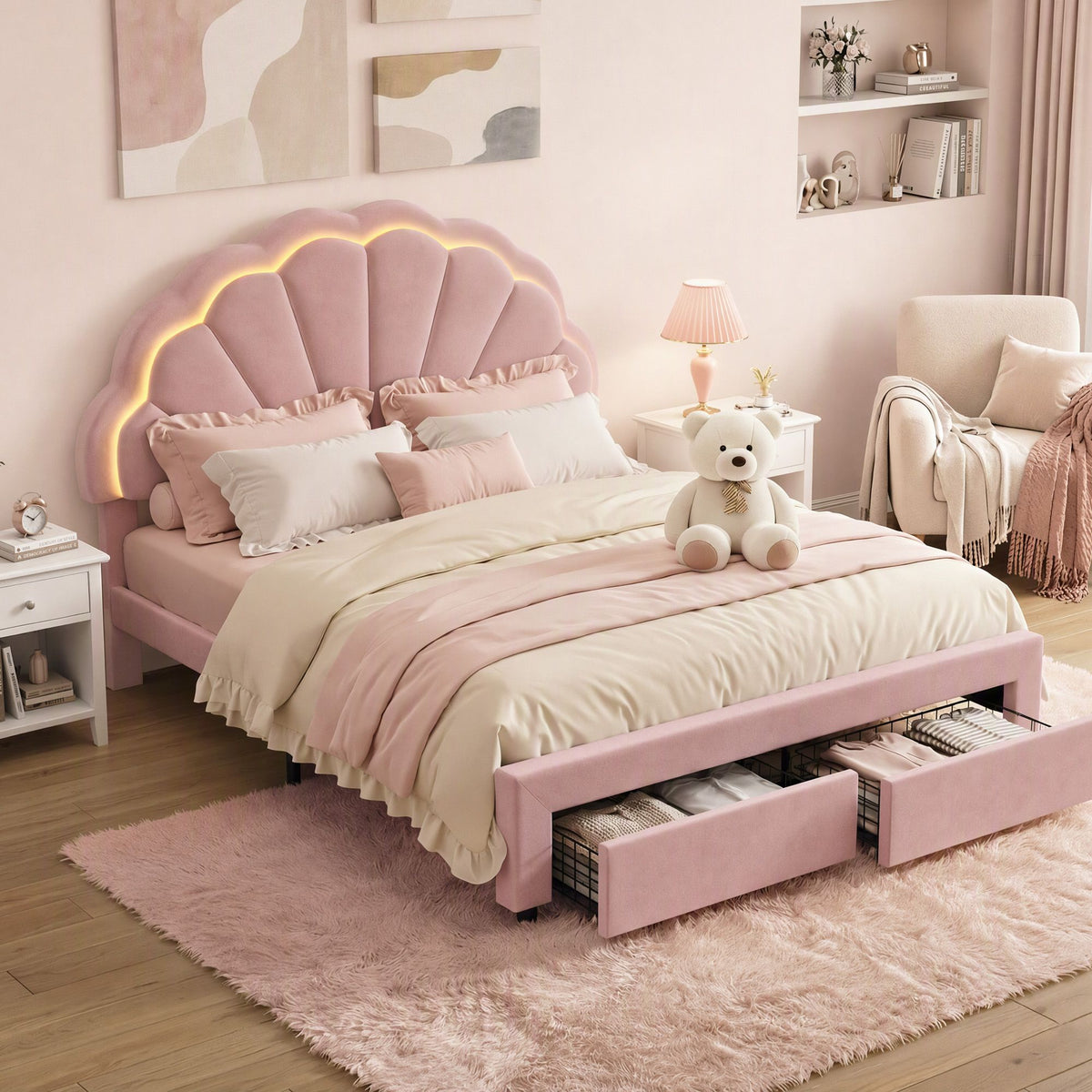 Double Bed Frame with 2 Storage Drawers, Velvet Upholstered Platform Bed with LED Headboard - Pink