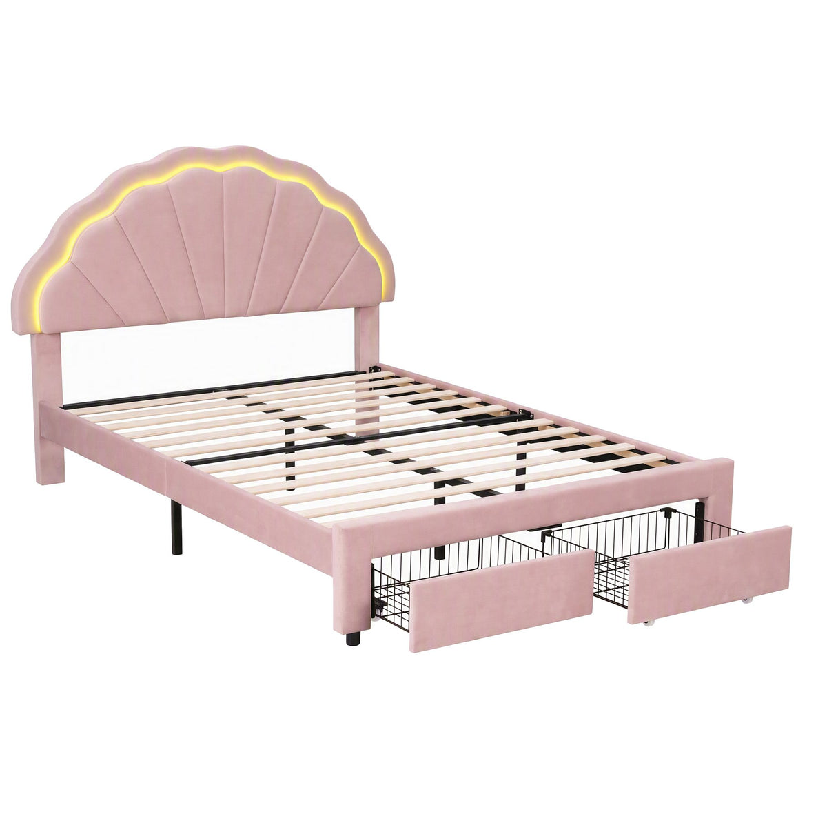 Double Bed Frame with 2 Storage Drawers, Velvet Upholstered Platform Bed with LED Headboard - Pink