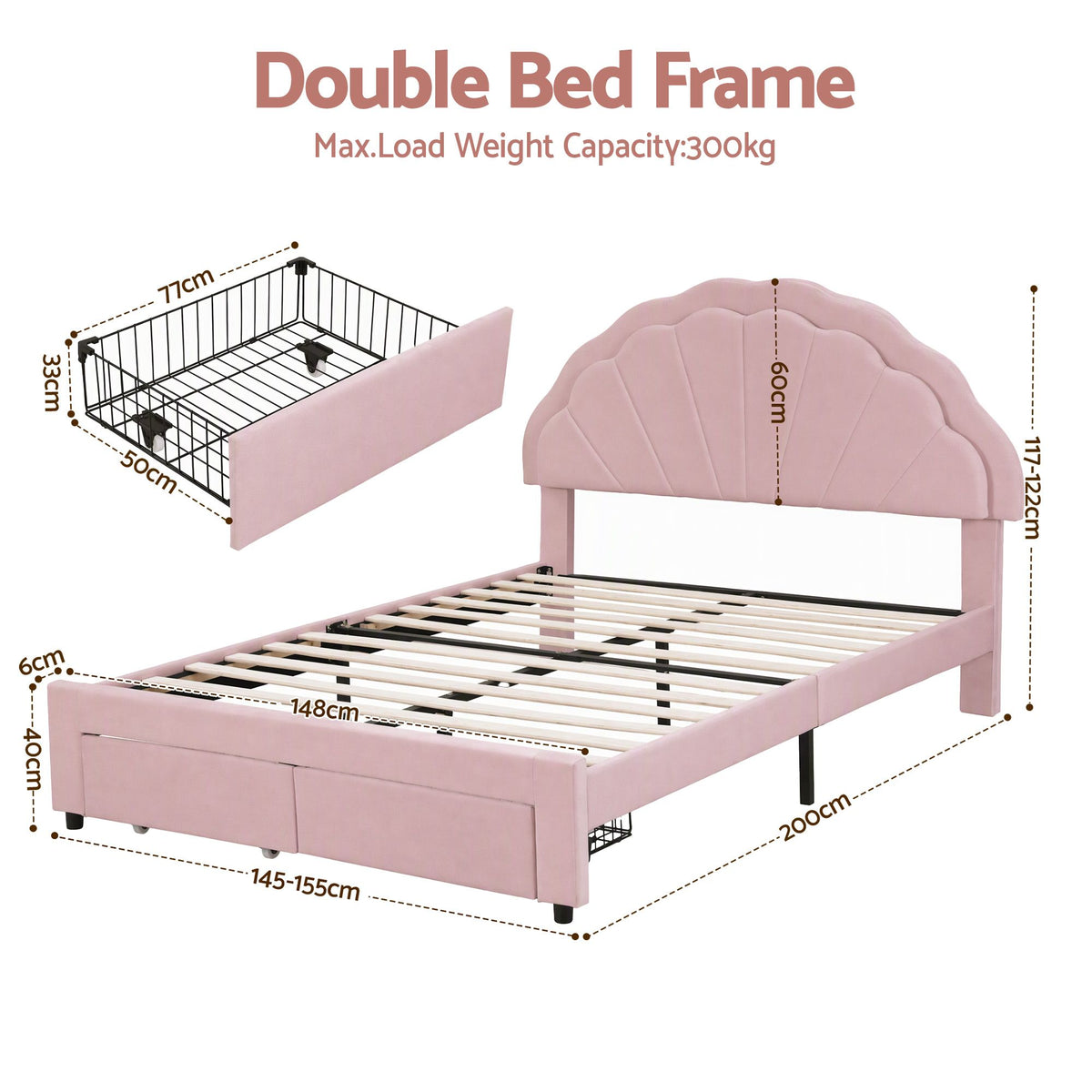 Double Bed Frame with 2 Storage Drawers, Velvet Upholstered Platform Bed with LED Headboard - Pink