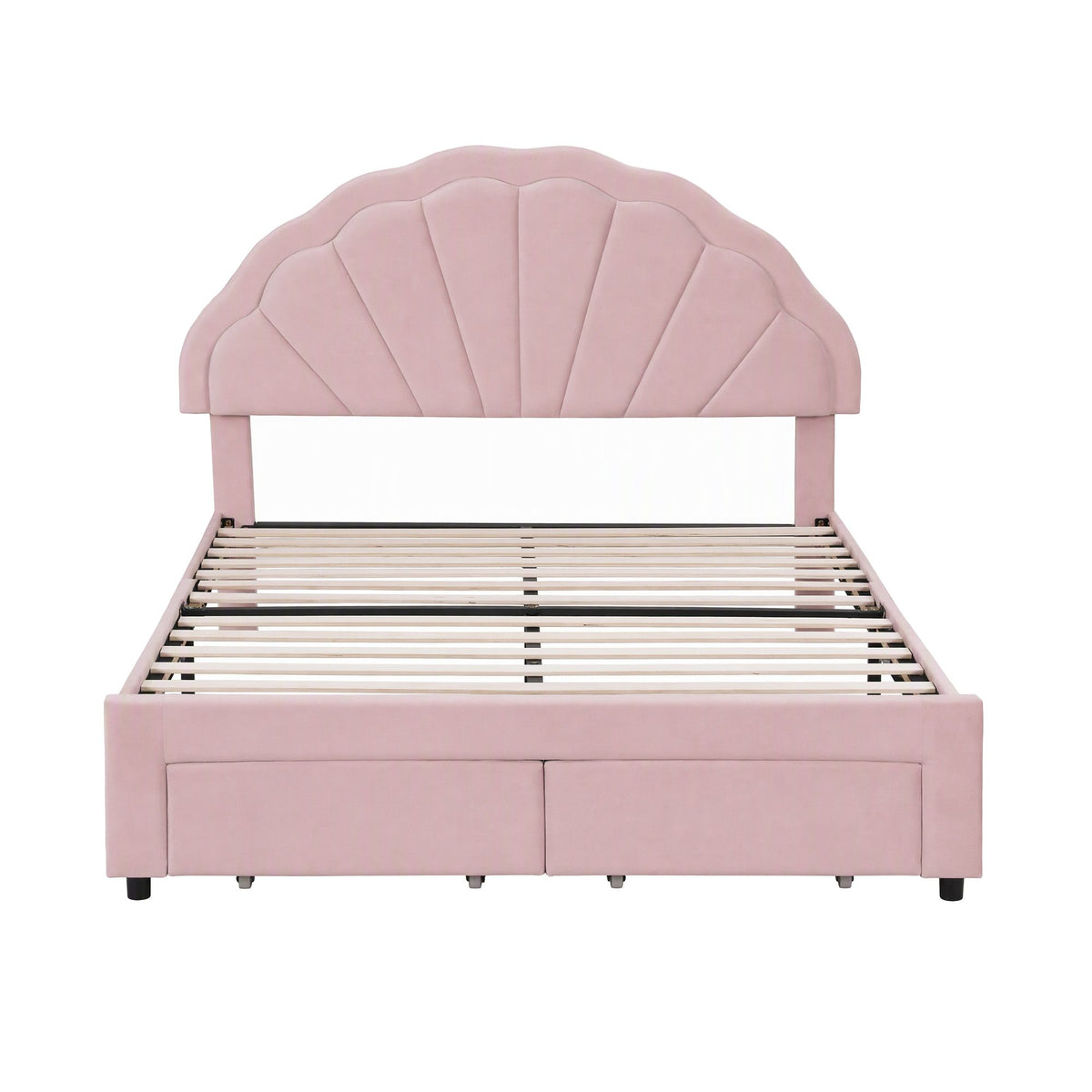 Double Bed Frame with 2 Storage Drawers, Velvet Upholstered Platform Bed with LED Headboard - Pink