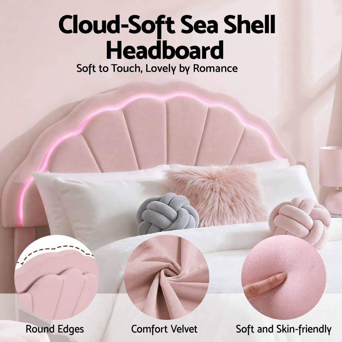 Double Bed Frame with 2 Storage Drawers, Velvet Upholstered Platform Bed with LED Headboard - Pink