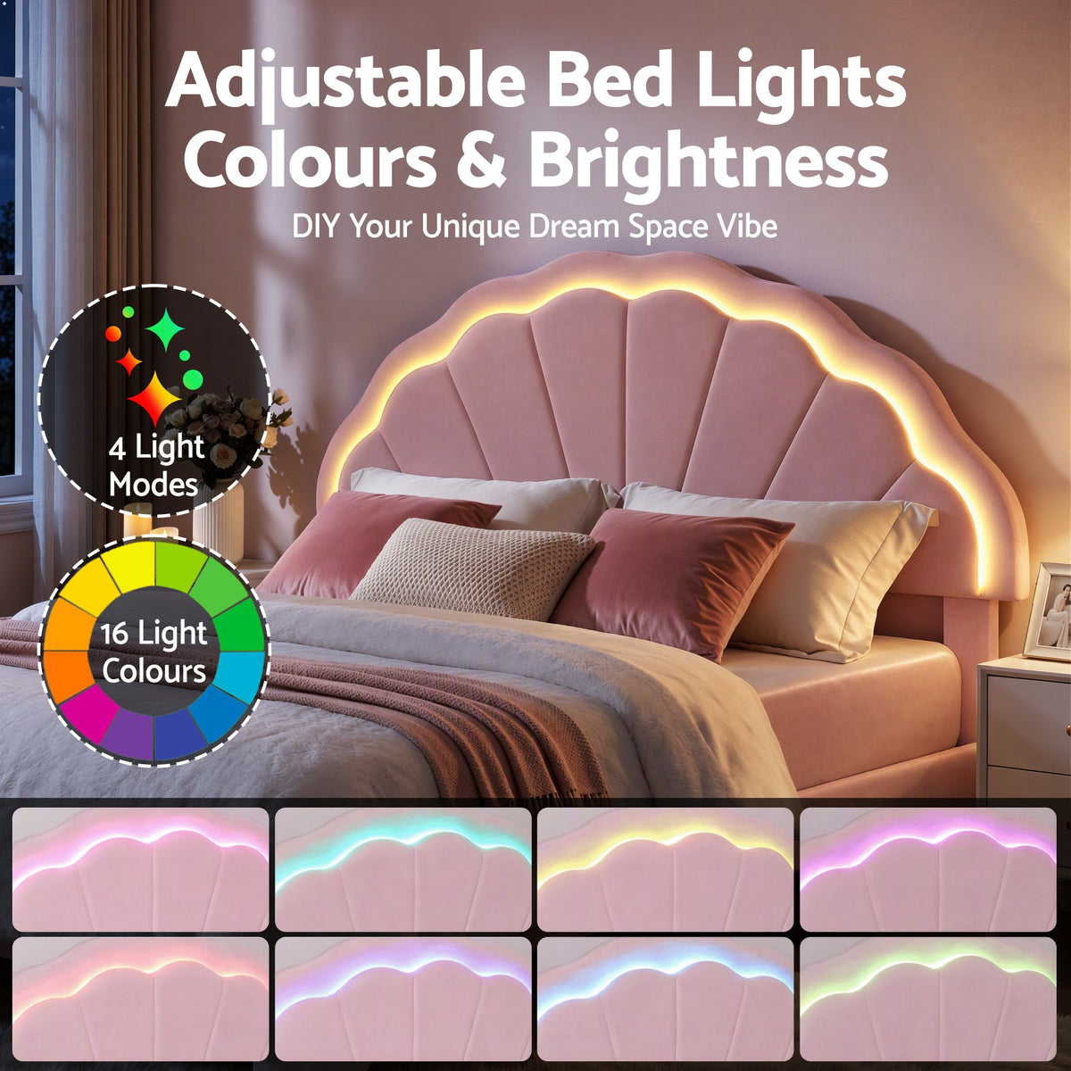 Double Bed Frame with 2 Storage Drawers, Velvet Upholstered Platform Bed with LED Headboard - Pink