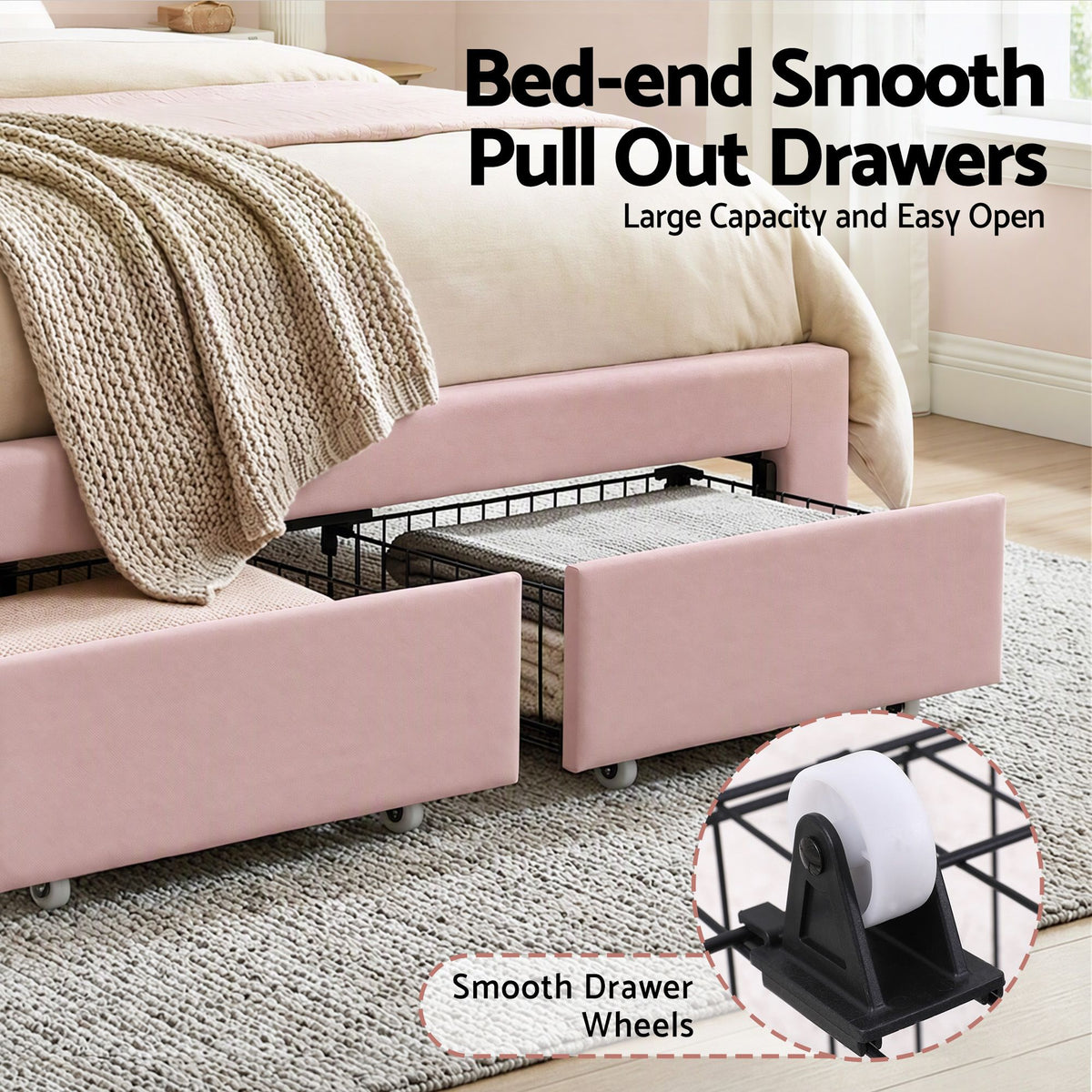 Double Bed Frame with 2 Storage Drawers, Velvet Upholstered Platform Bed with LED Headboard - Pink