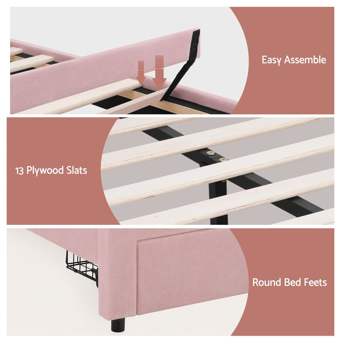 Double Bed Frame with 2 Storage Drawers, Velvet Upholstered Platform Bed with LED Headboard - Pink
