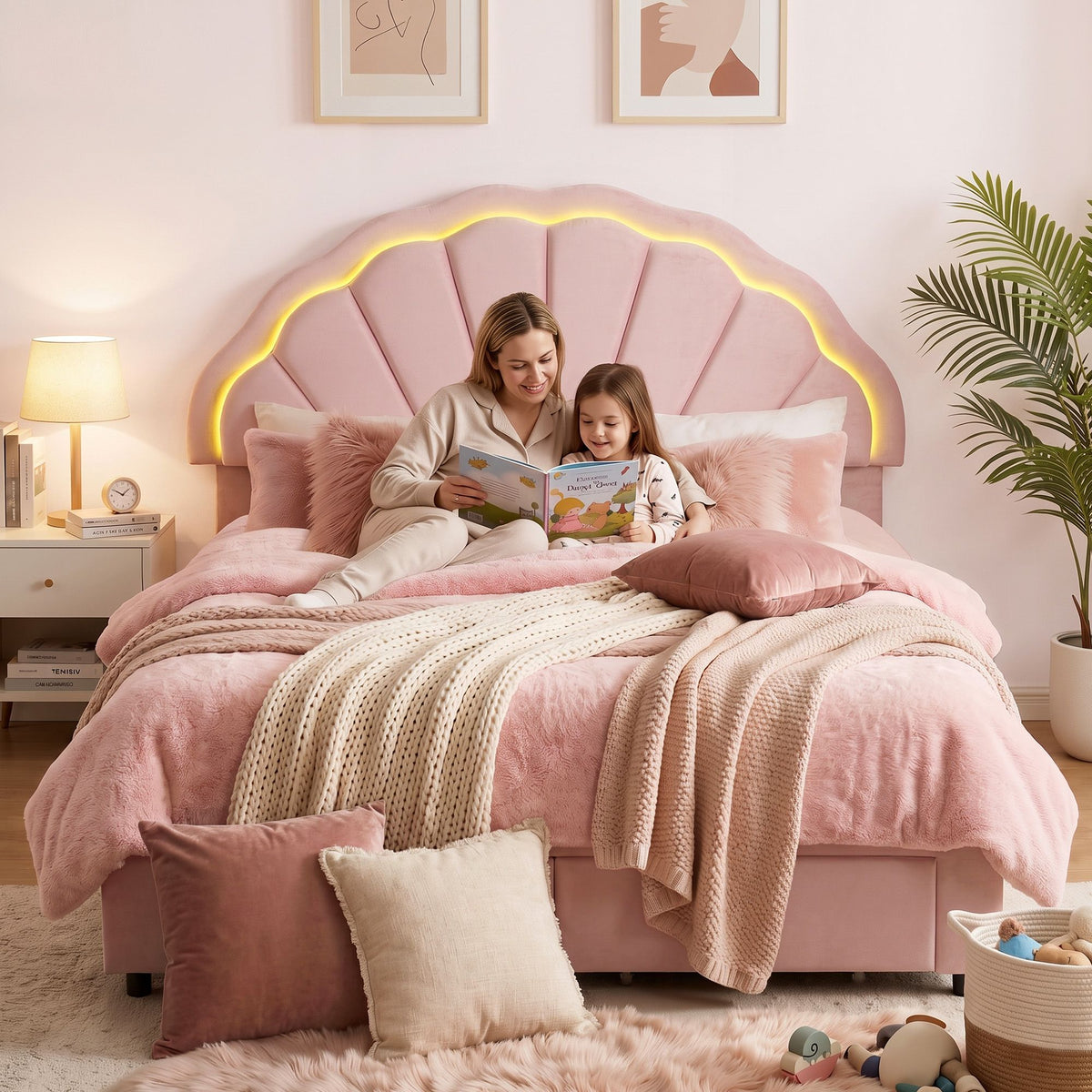 Double Bed Frame with 2 Storage Drawers, Velvet Upholstered Platform Bed with LED Headboard - Pink