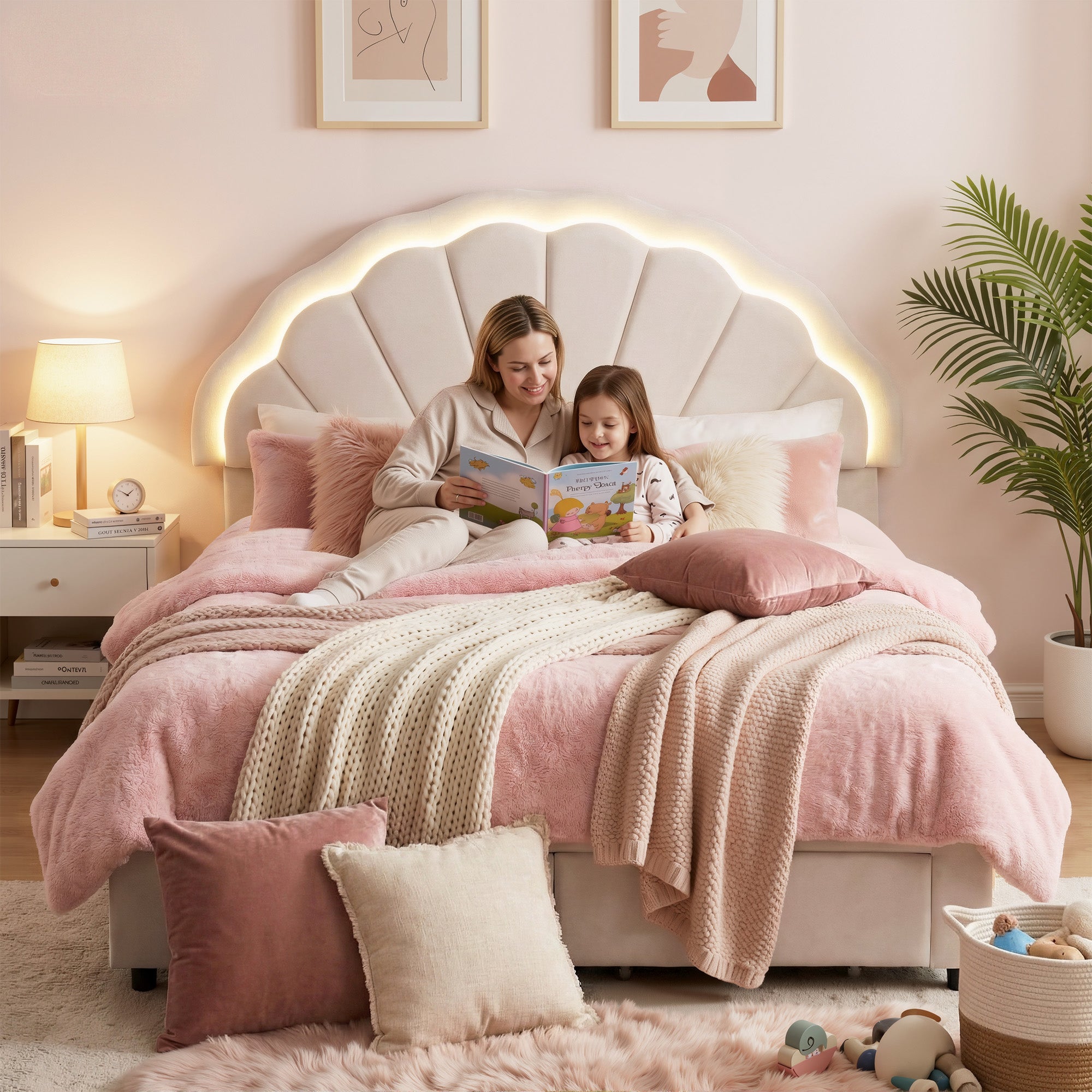 Double Bed Frame with 2 Storage Drawers Upholstered Velvet Platform Bed LED Headboard