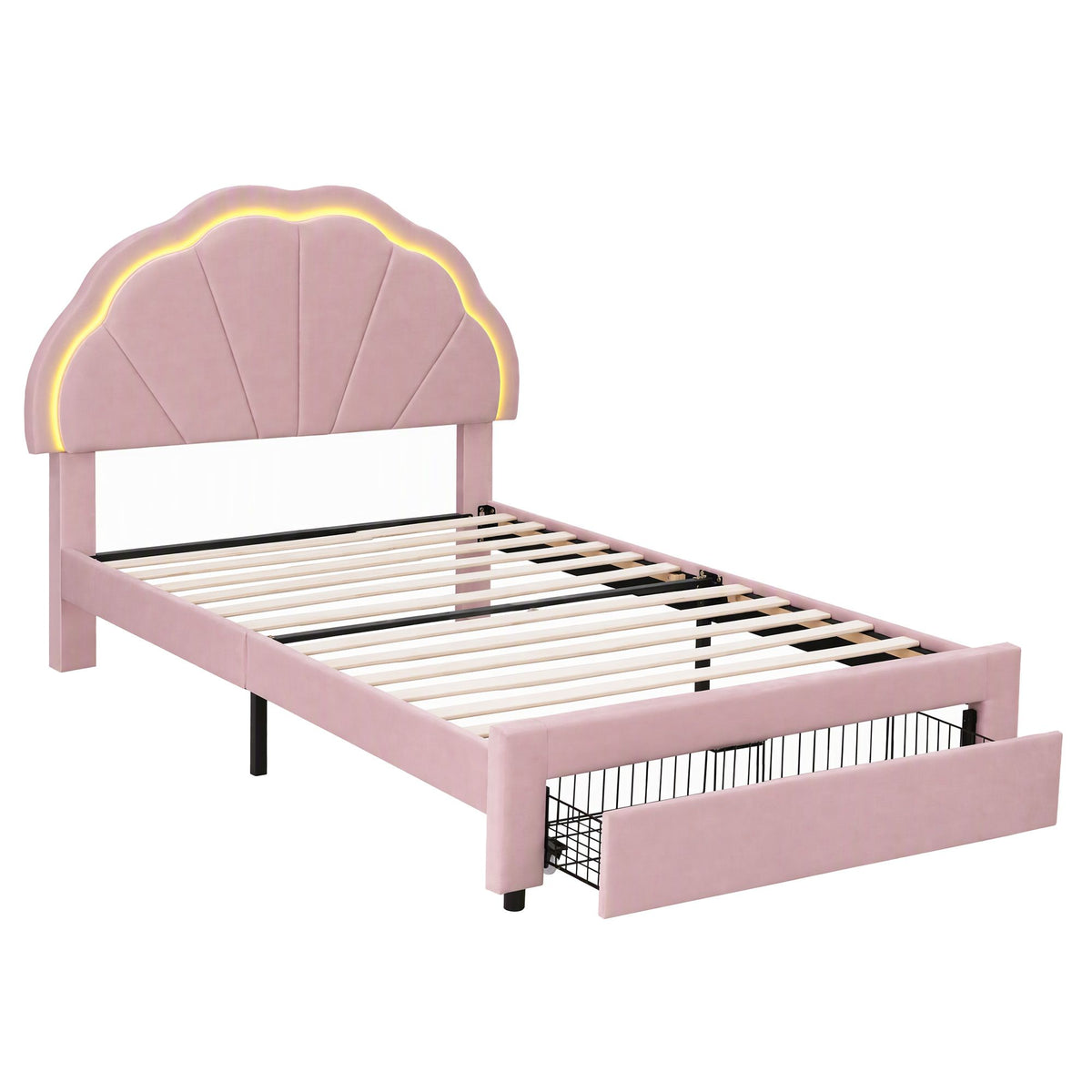 King Single Velvet Upholstered Bed Frame with Storage Drawer & LED Headboard - Pink