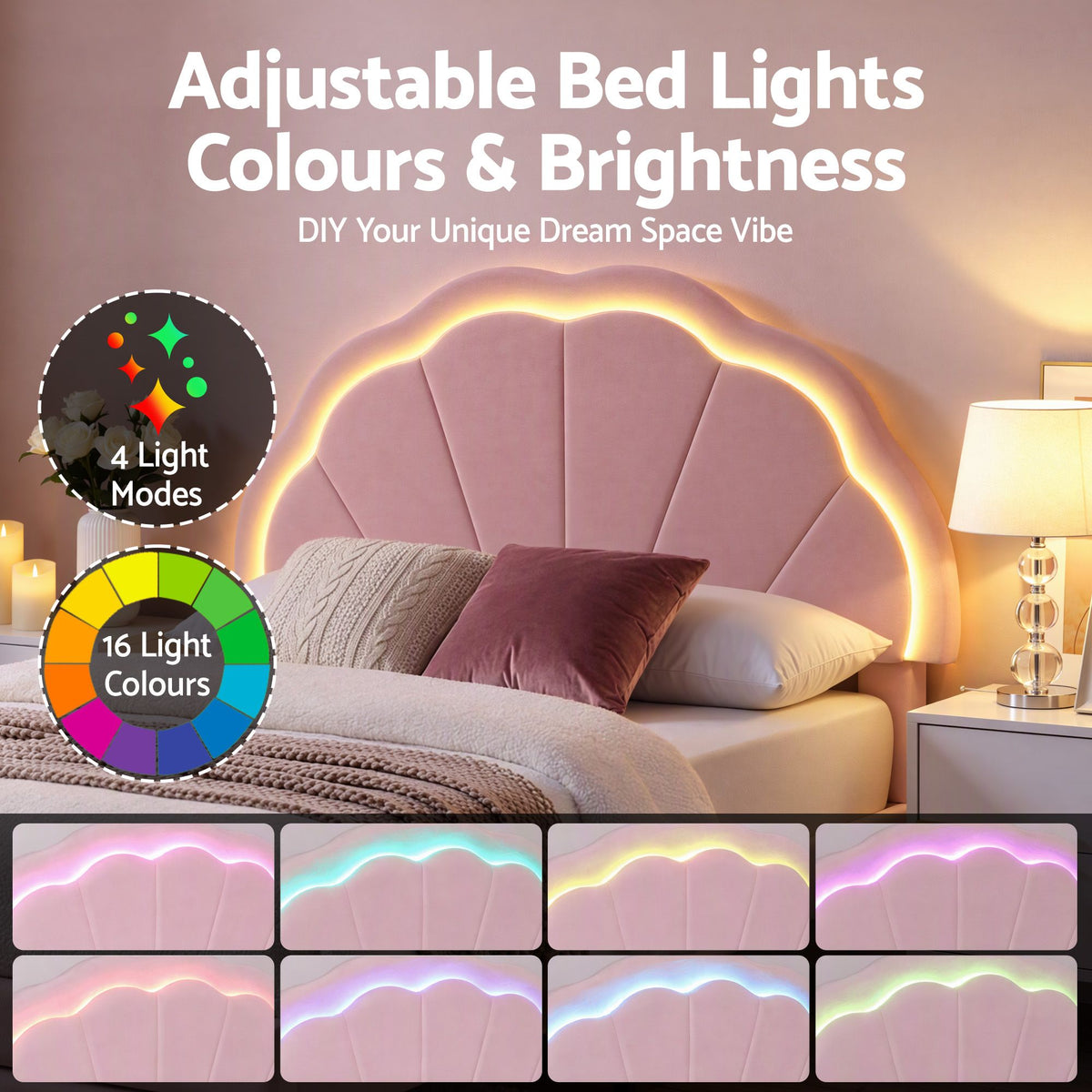 King Single Velvet Upholstered Bed Frame with Storage Drawer & LED Headboard - Pink