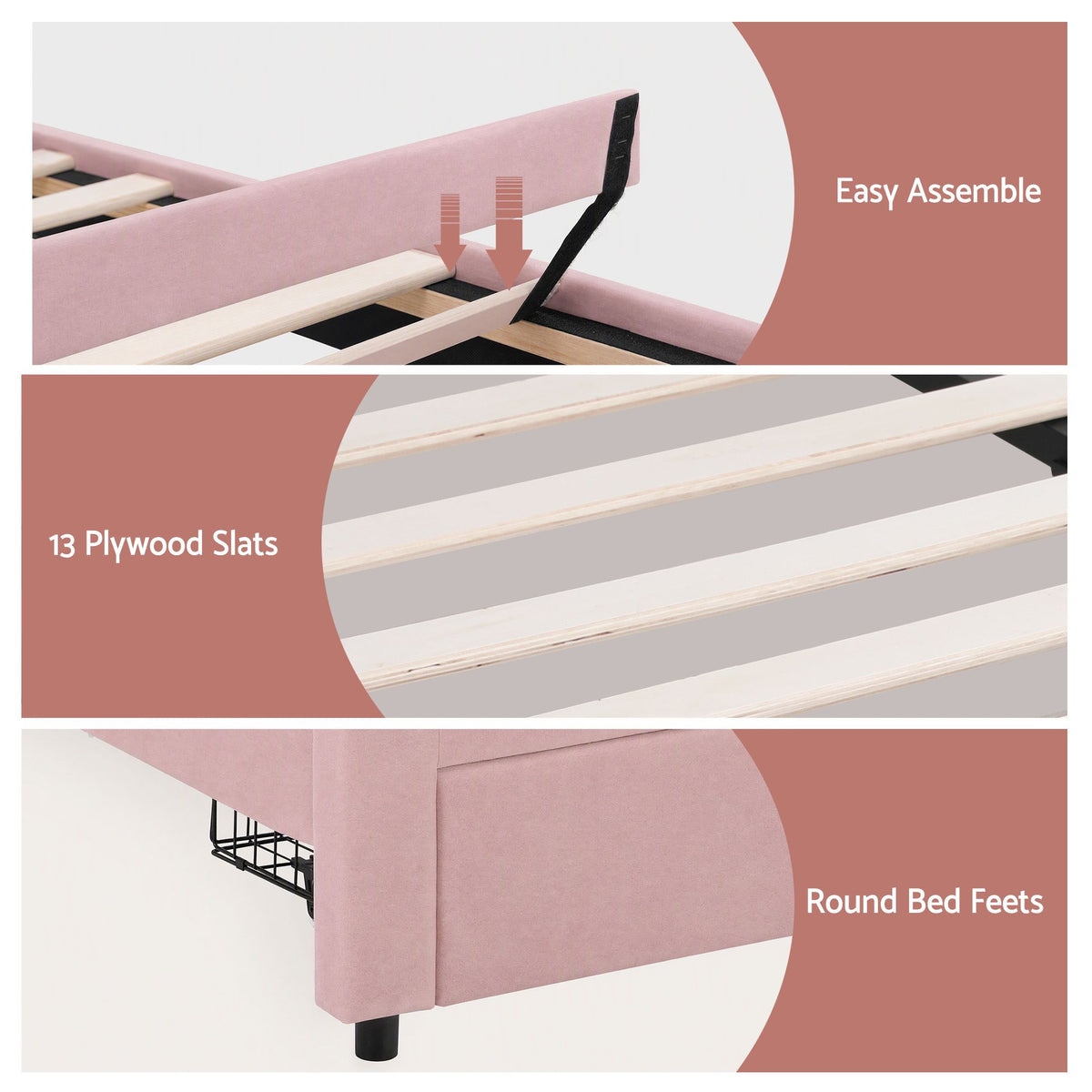 King Single Velvet Upholstered Bed Frame with Storage Drawer & LED Headboard - Pink