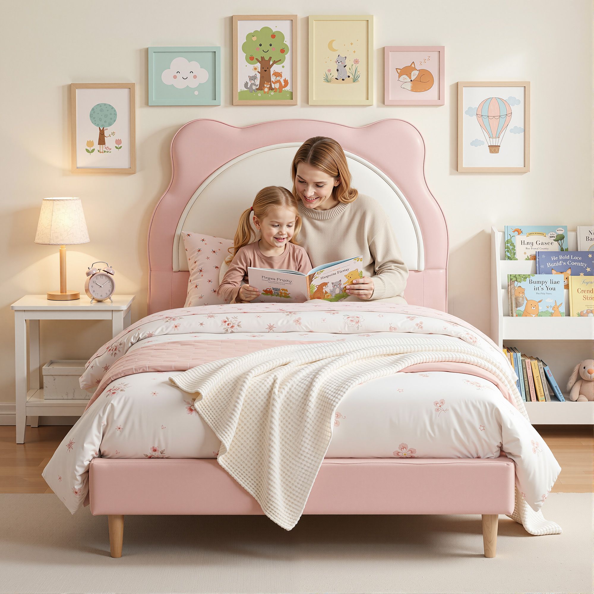 King Single Kids Bed Frame with Upholstered Animal Design - Pink
