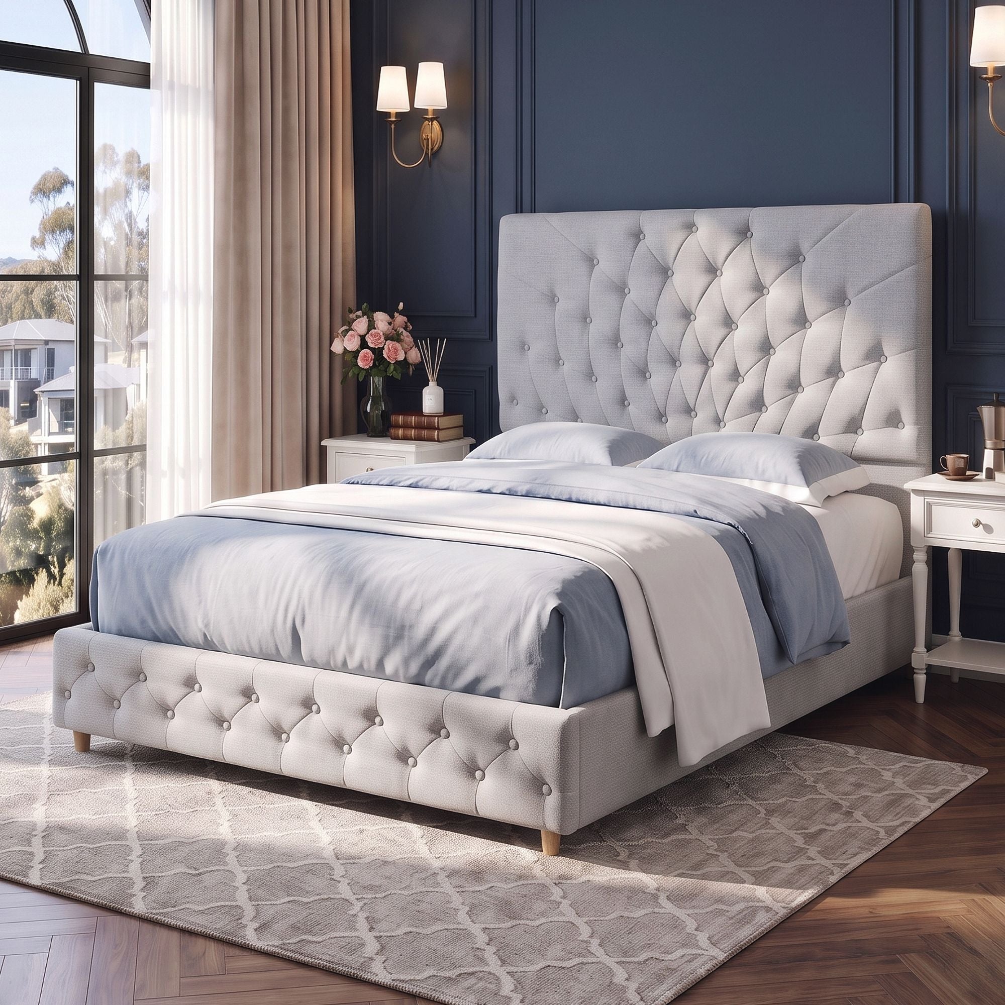 Double Bed Frame with Tufted Headboard and Plywood Slats - Grey