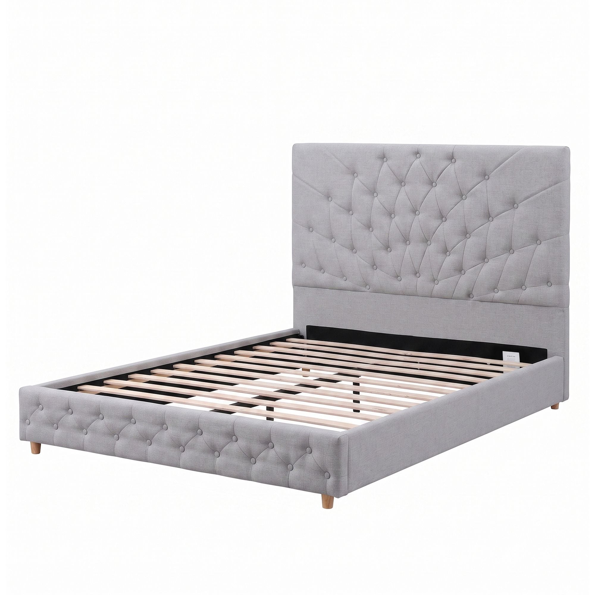 Double Bed Frame with Tufted Headboard and Plywood Slats - Grey