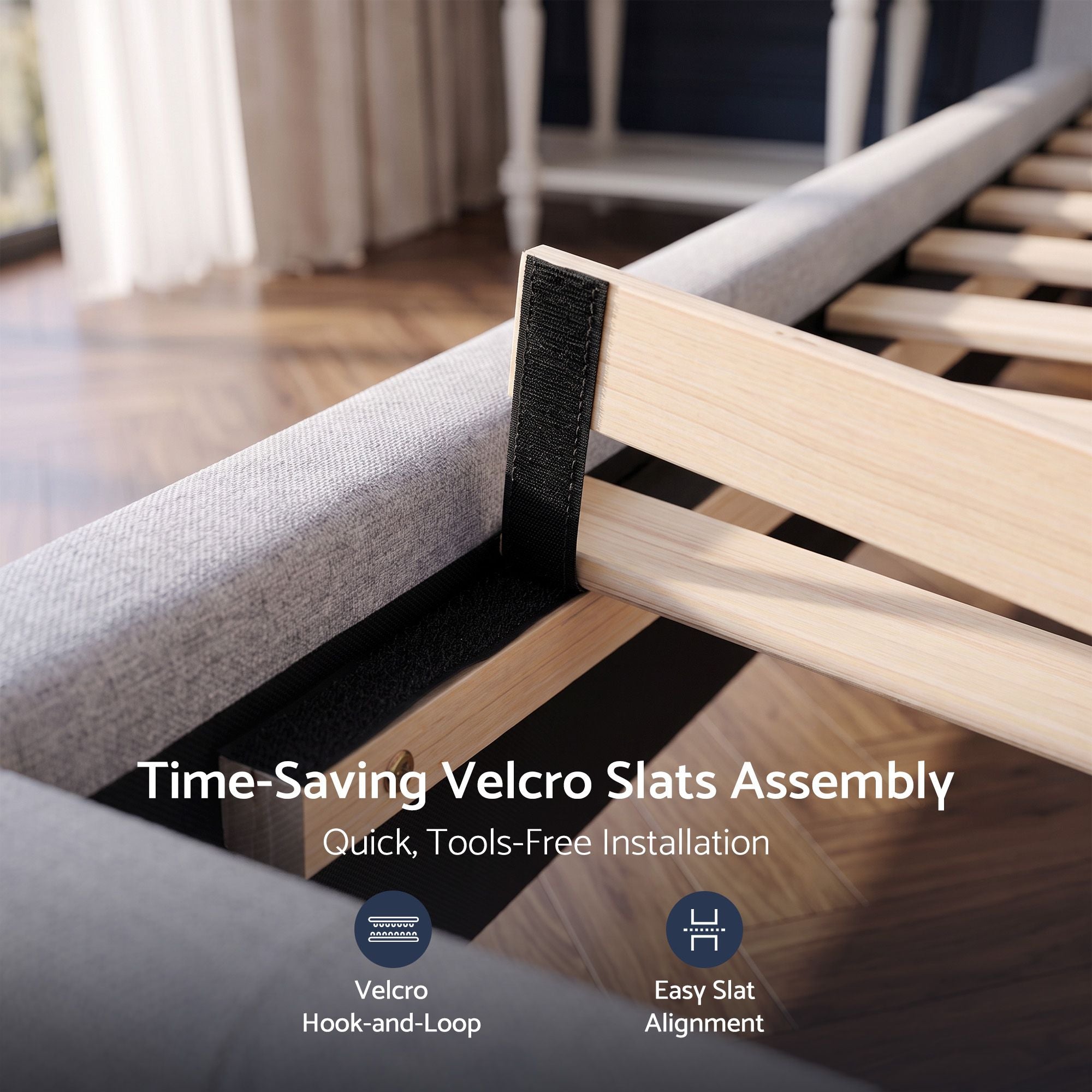 Double Bed Frame with Tufted Headboard and Plywood Slats - Grey