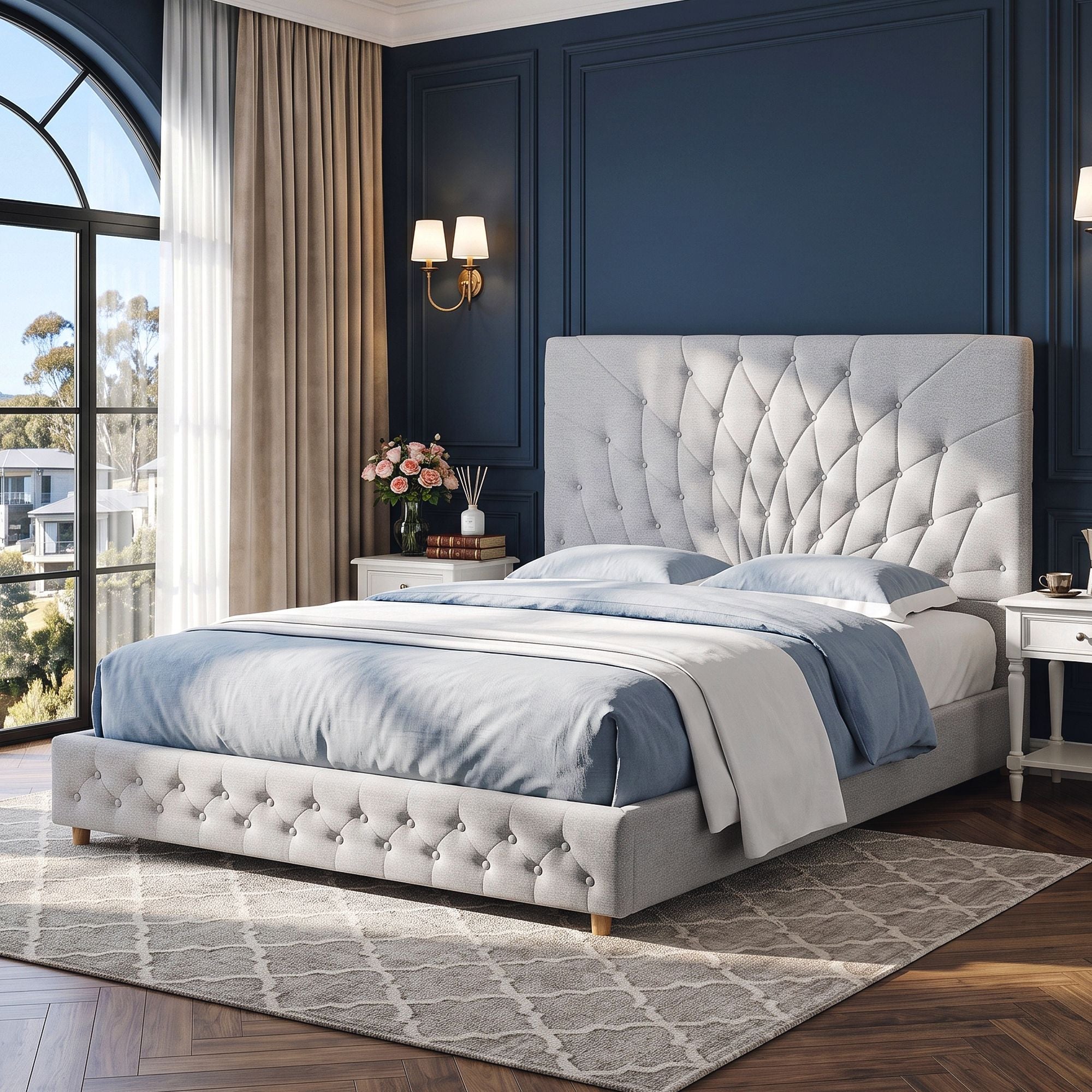 Queen Bed Frame with Tufted Headboard and Plywood Slats - Grey