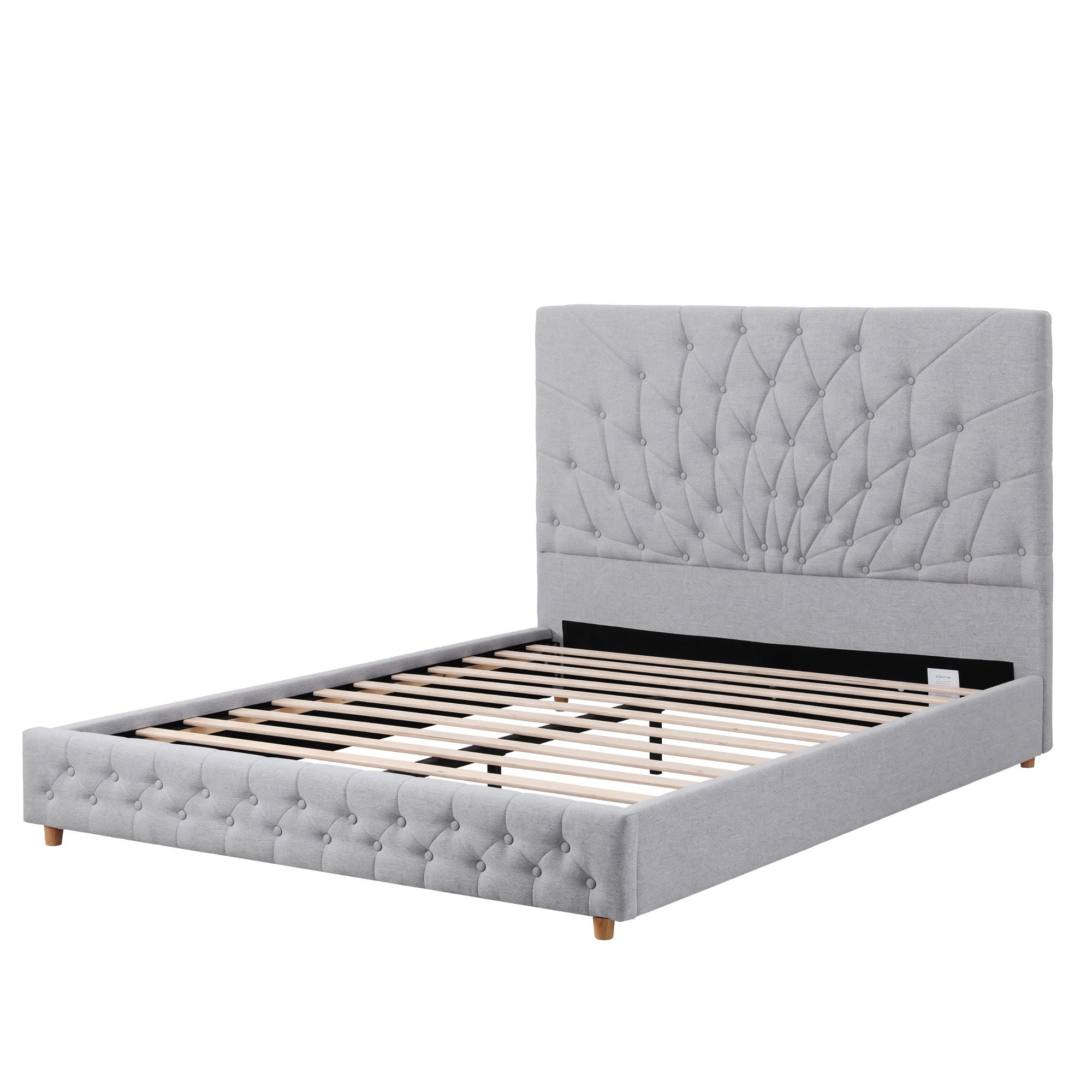 Queen Bed Frame with Tufted Headboard and Plywood Slats - Grey
