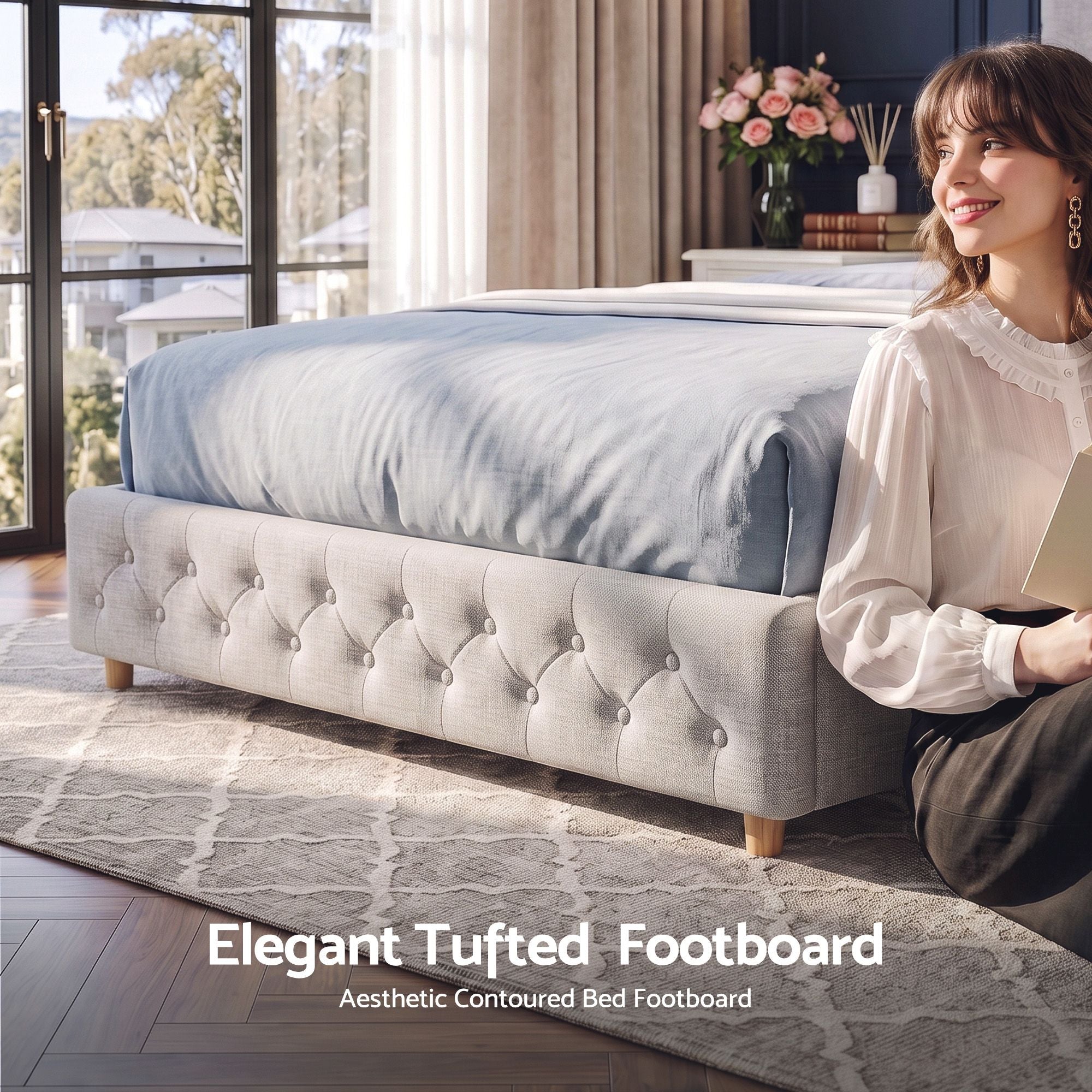 Queen Bed Frame with Tufted Headboard and Plywood Slats - Grey