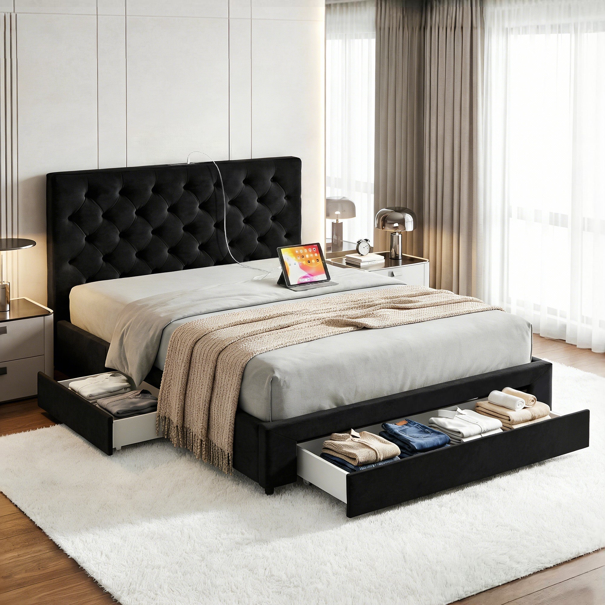 Lunara Double Upholstered Storage Bed with Drawers & Charging Station – Black in modern bedroom with open storage drawers and tufted headboard