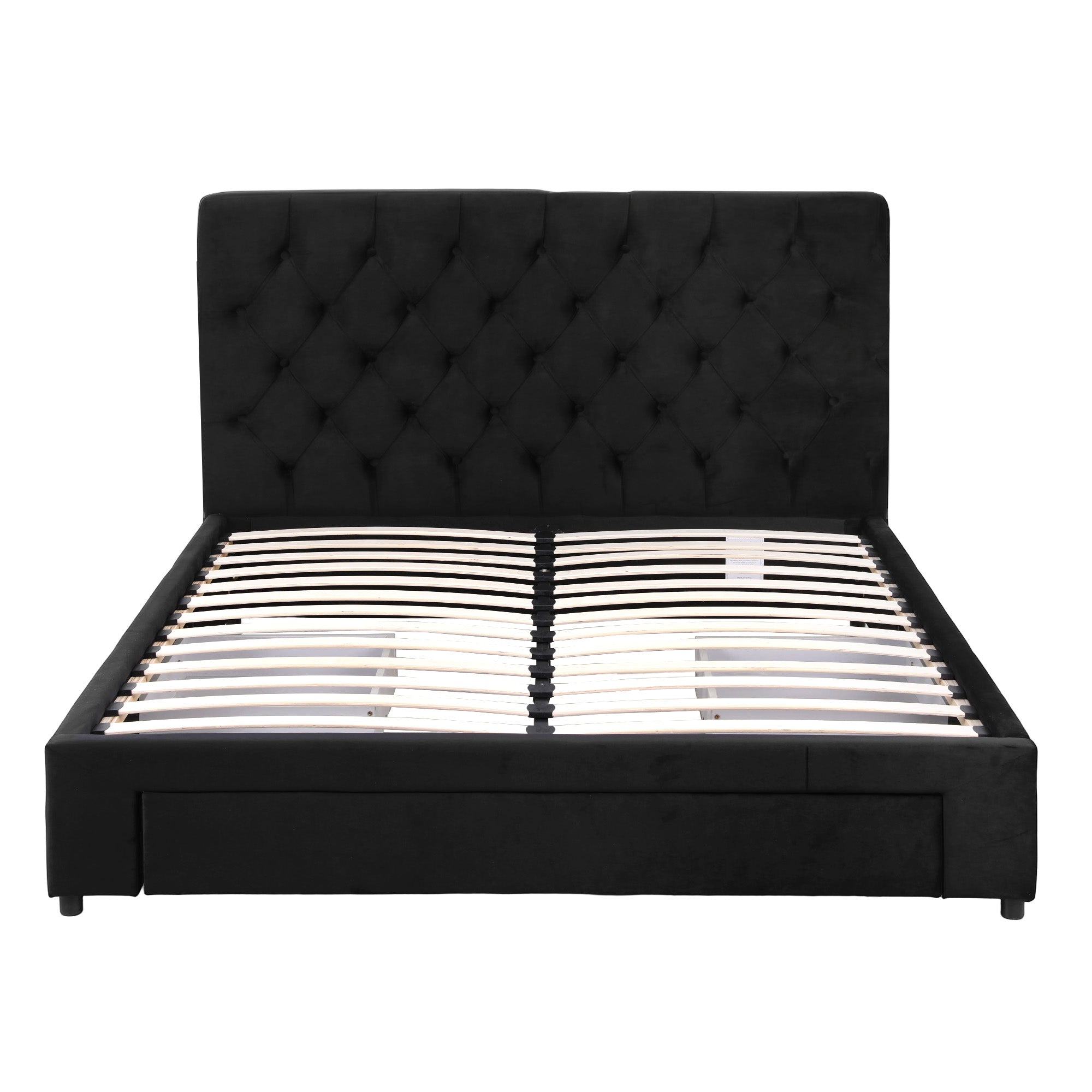 Lunara Double Upholstered Storage Bed with Drawers & Charging Station – Black with tufted headboard and wooden slats frame