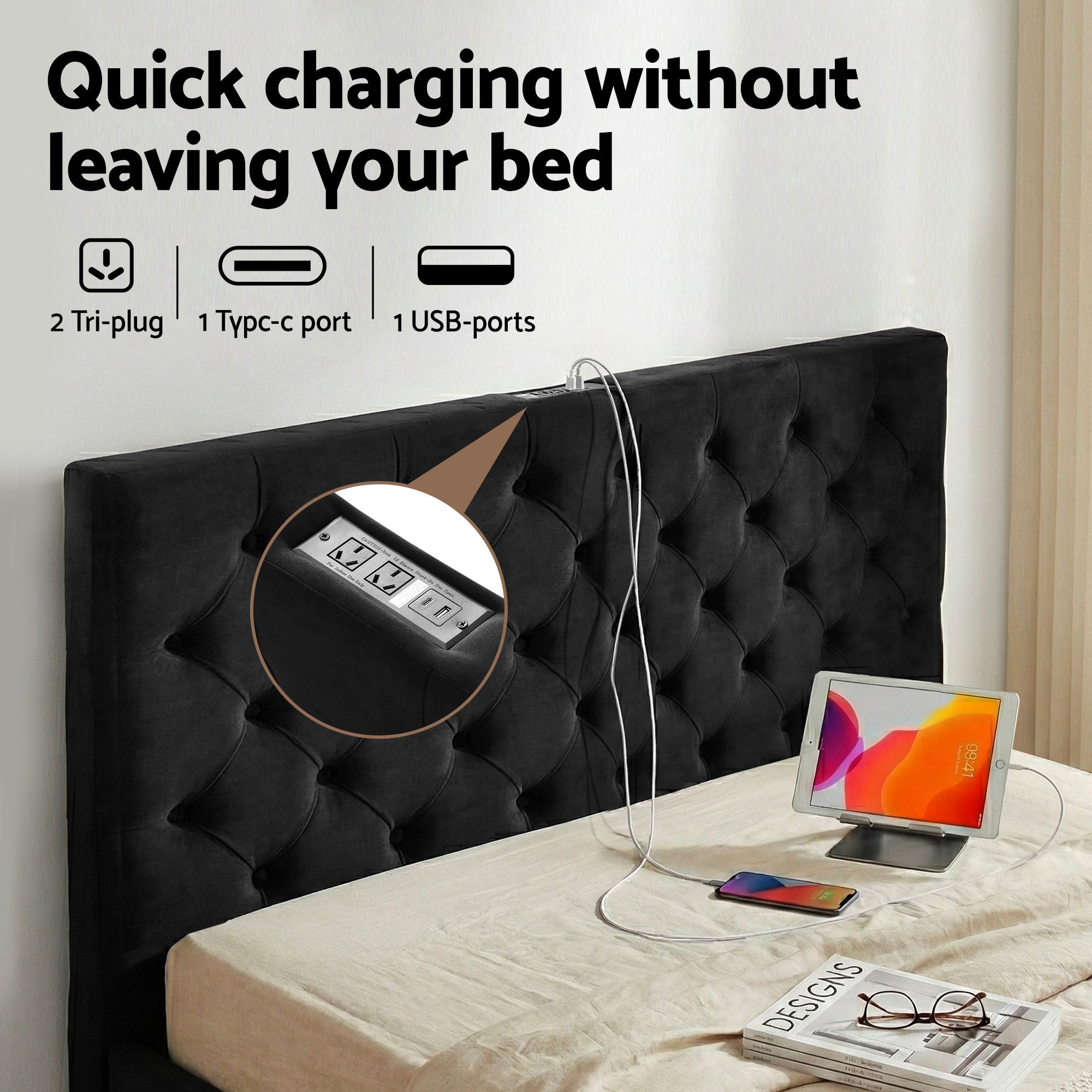 Lunara Double Upholstered Storage Bed with Drawers & Charging Station – Black featuring built-in charging ports in tufted headboard