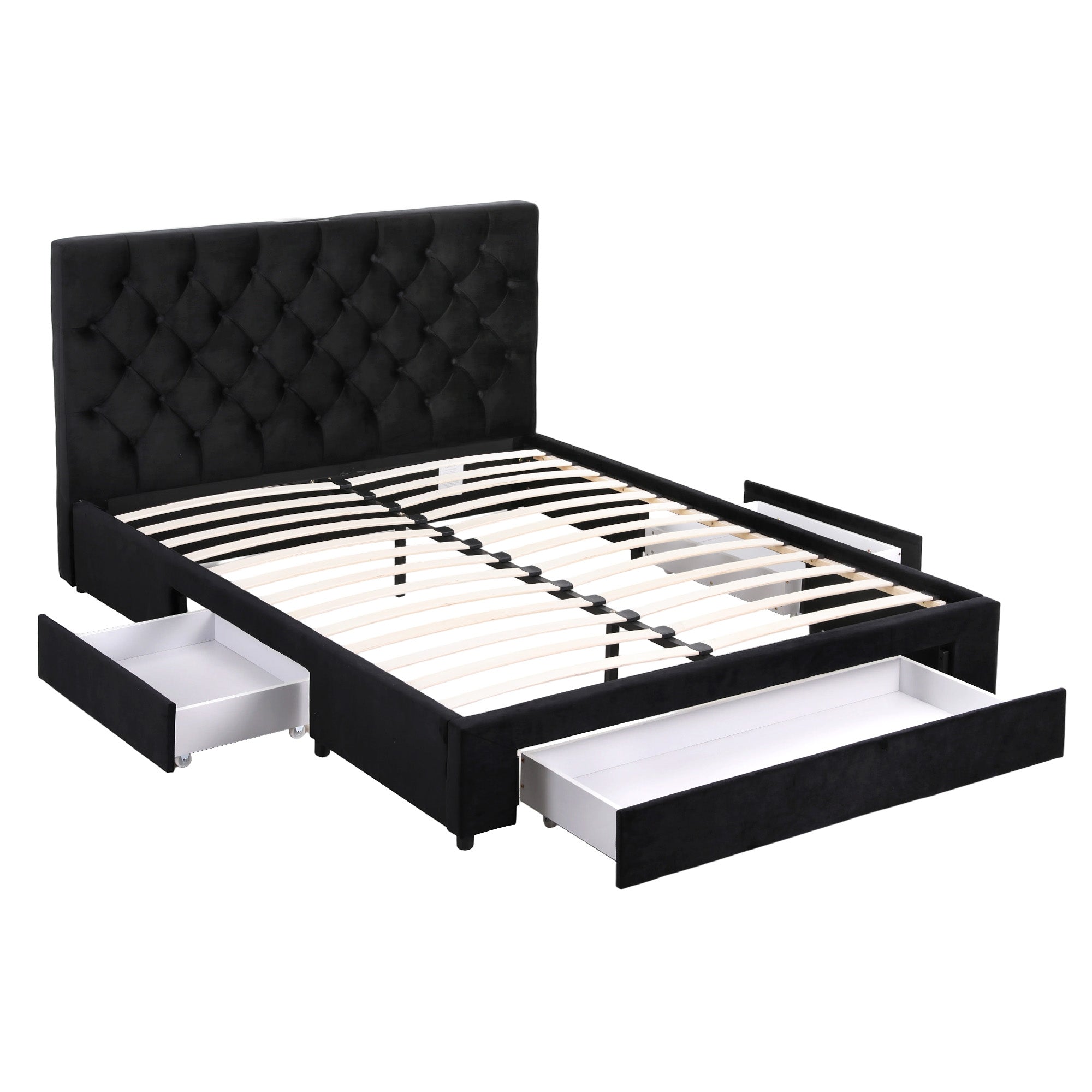 Lunara Double Upholstered Storage Bed with Drawers & Charging Station – Black with tufted headboard and open storage drawers