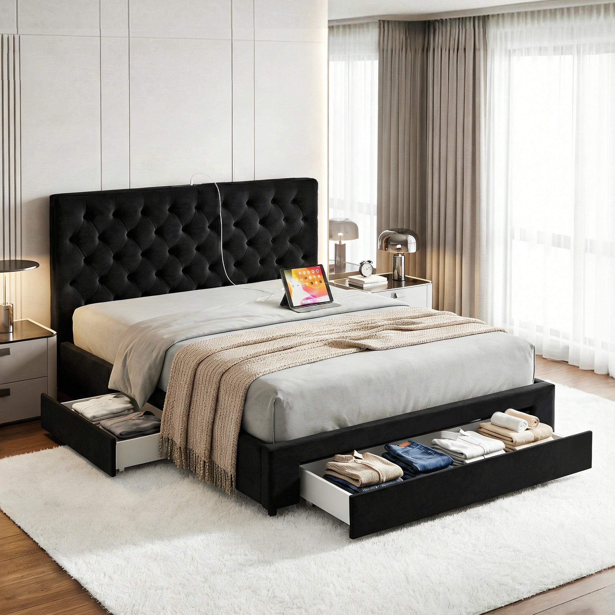 Lunara King Upholstered Storage Bed with Drawers & Charging Station – Black in bedroom setting with open storage drawers and bedside tables