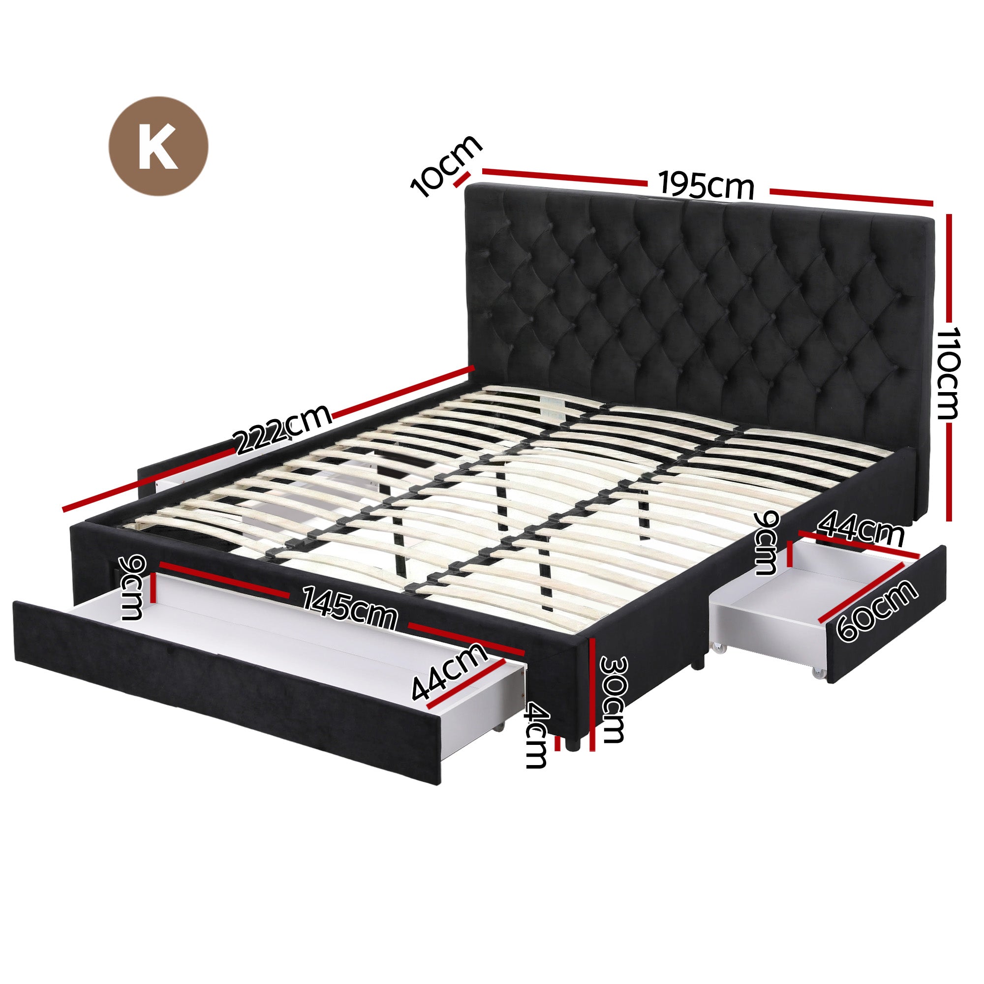 Lunara King Upholstered Storage Bed with Drawers & Charging Station – Black bed frame with tufted headboard and wooden slats