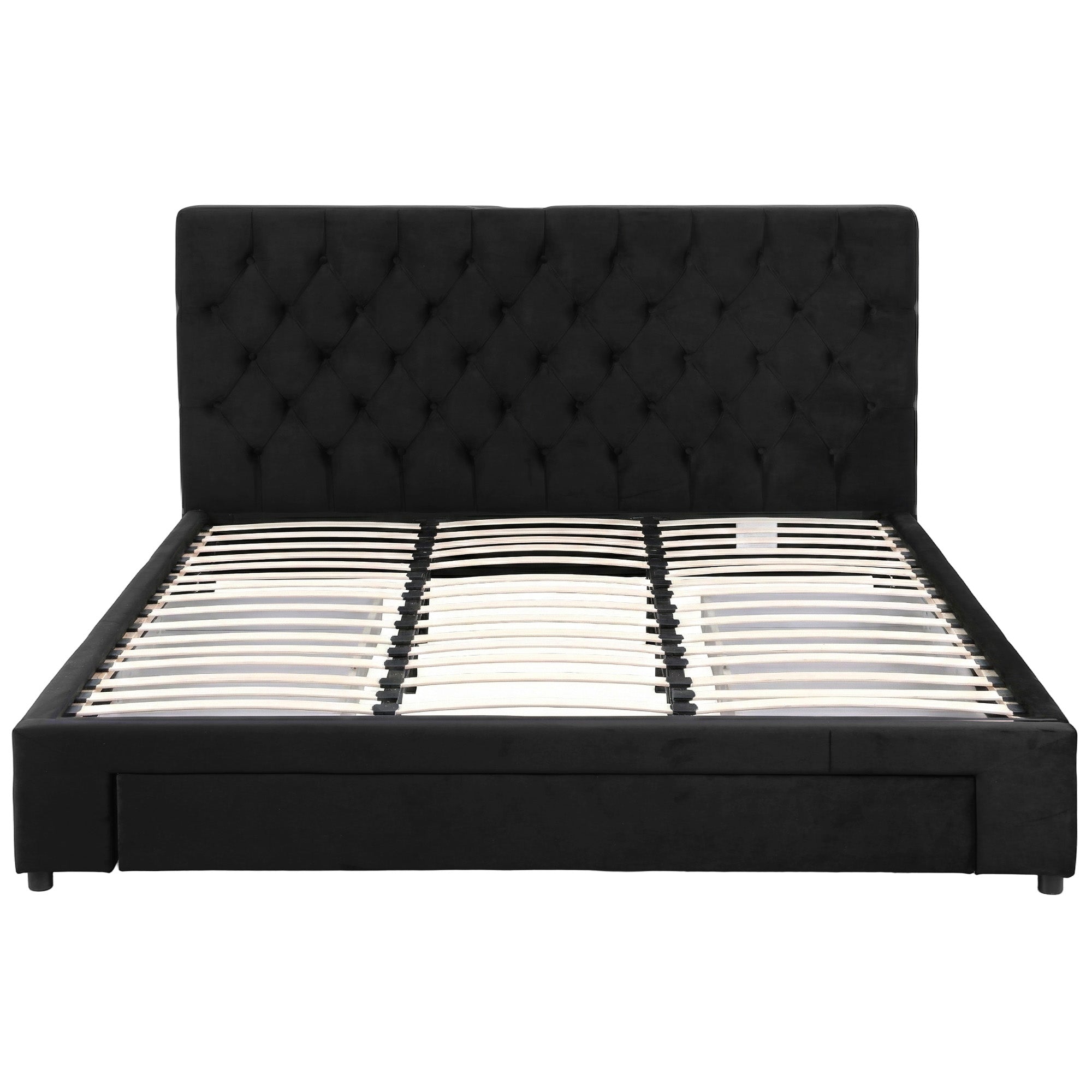 Lunara King Upholstered Storage Bed with Drawers & Charging Station – Black with tufted headboard and wooden slats, front view