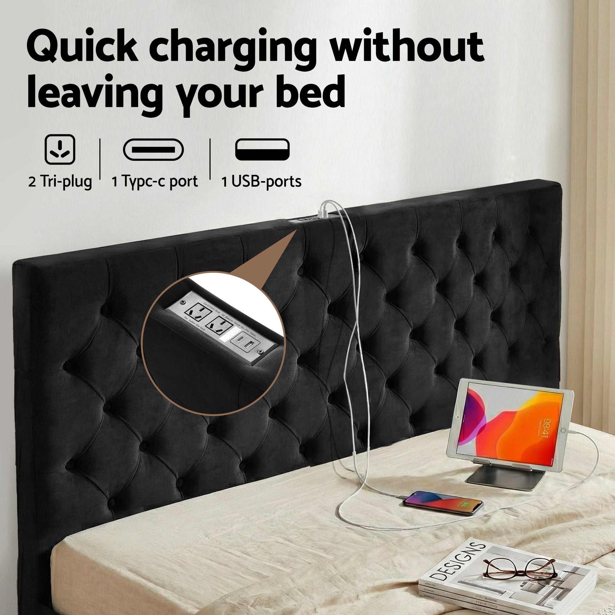 Lunara King Upholstered Storage Bed with Drawers & Charging Station – Black with built-in USB and power ports in tufted headboard
