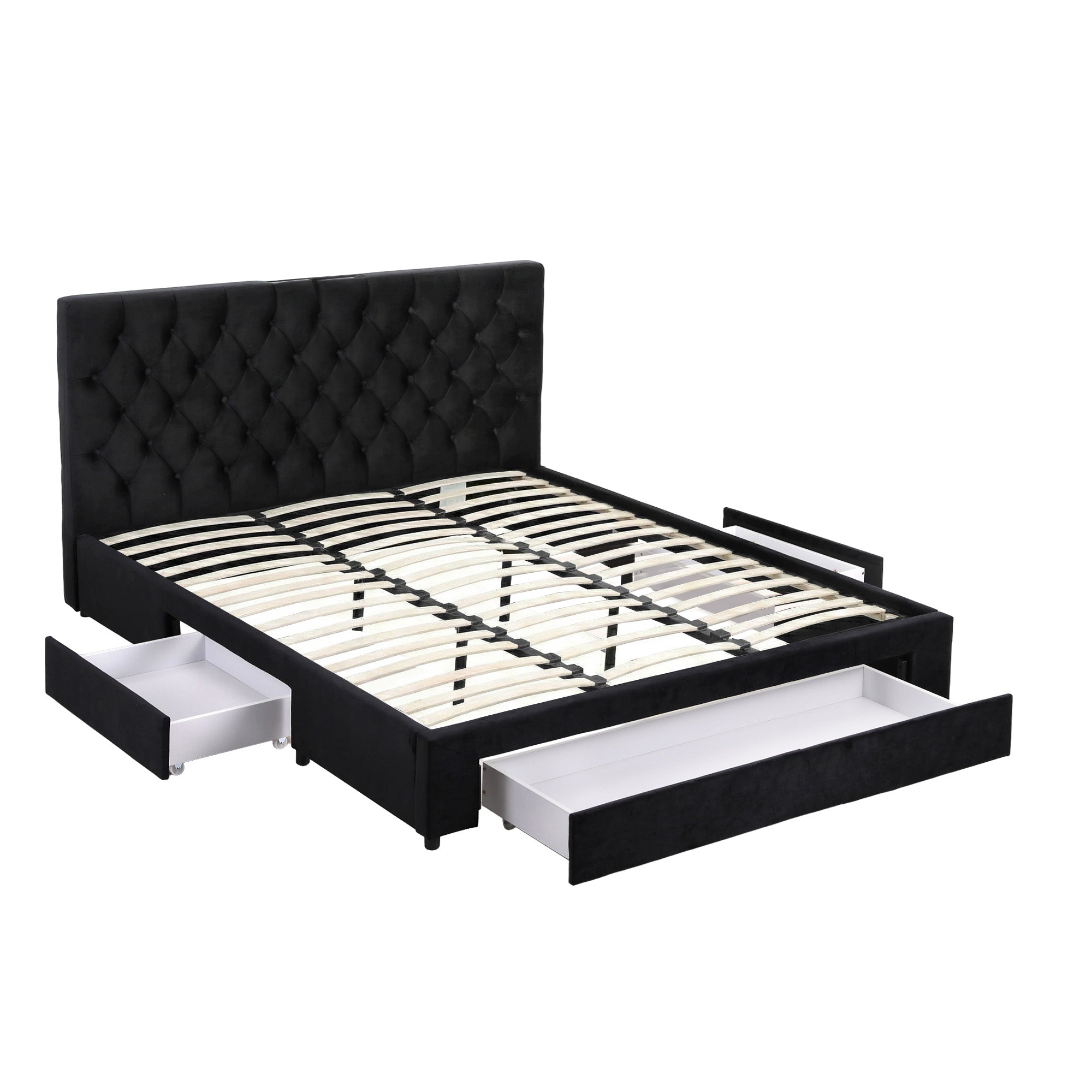 Lunara King Upholstered Storage Bed with Drawers & Charging Station – Black with tufted headboard and wooden slats shown with drawers open