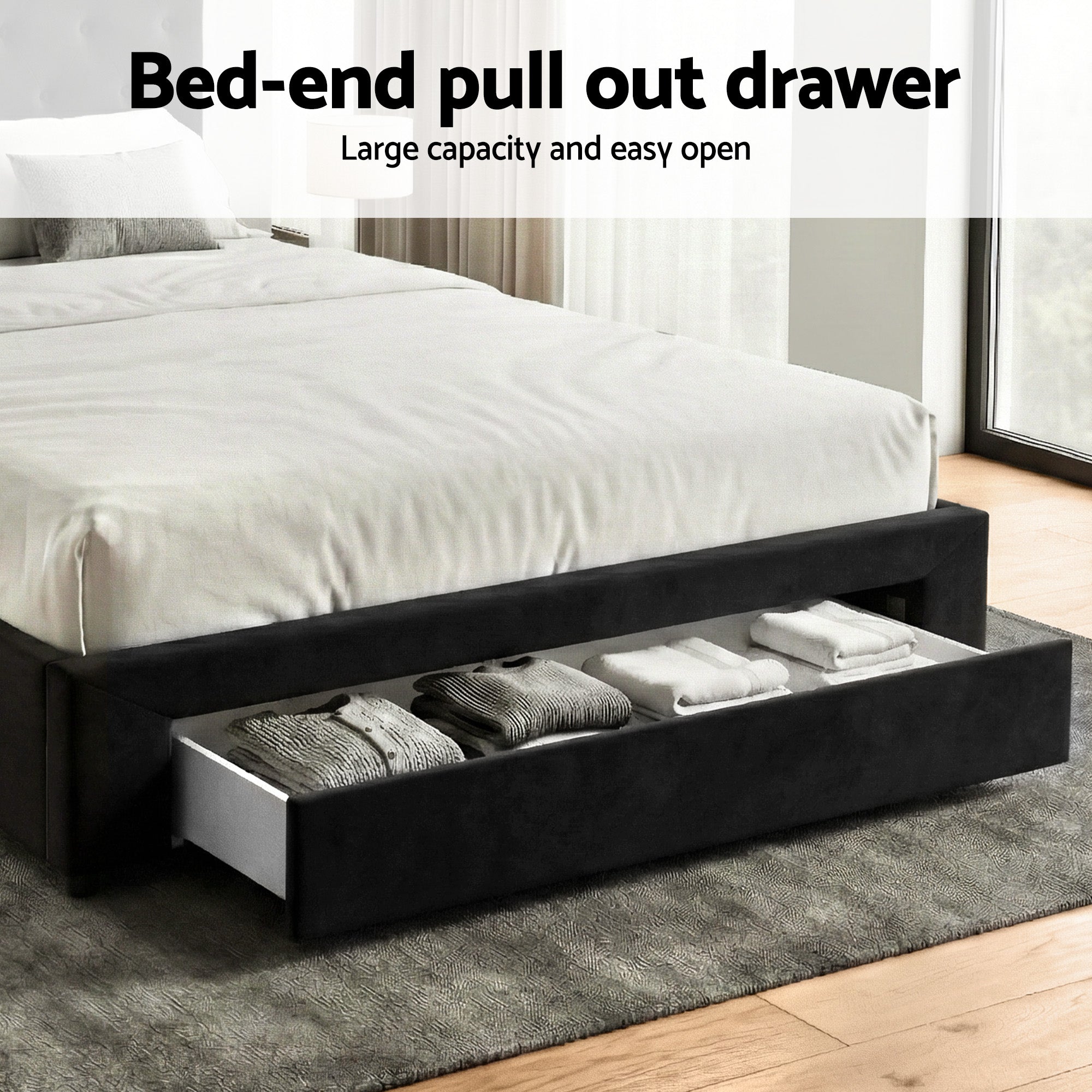 Queen Package | Lunara Storage Bed Black & Serenity Euro Top Mattress (Medium Firm)