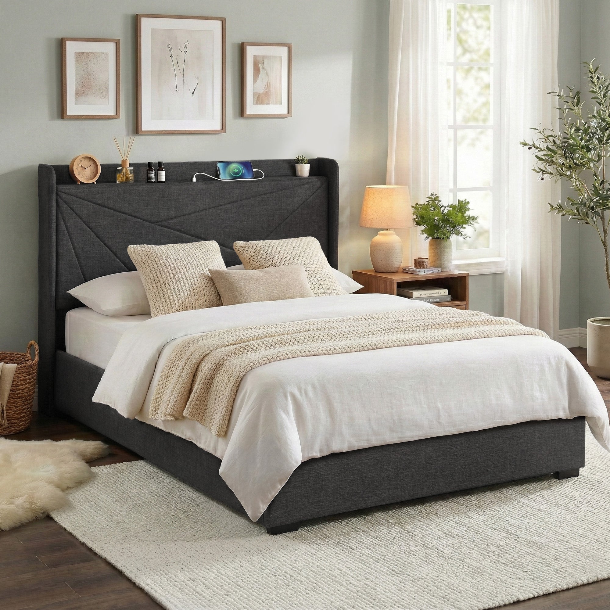 Double Package | Moree Gas Lift Bed Frame Charcoal & Serenity Euro Top Mattress (Medium Firm)