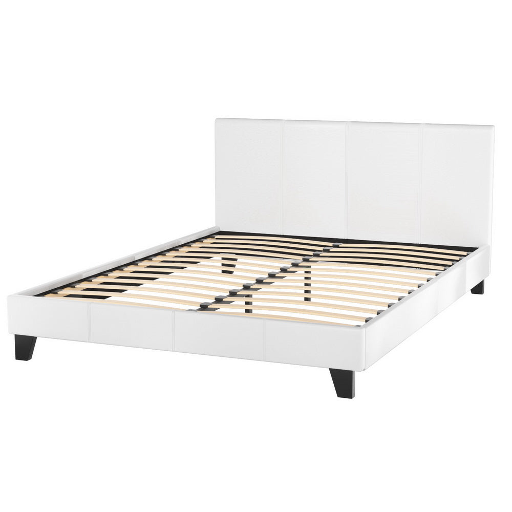 Coogee Queen Bed Frame White with upholstered headboard, wooden slats, black legs, and modern design for bedroom furniture