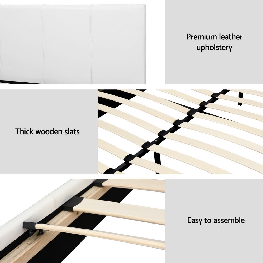 Coogee Queen Bed Frame White with premium leather upholstery, thick wooden slats, and easy assembly features