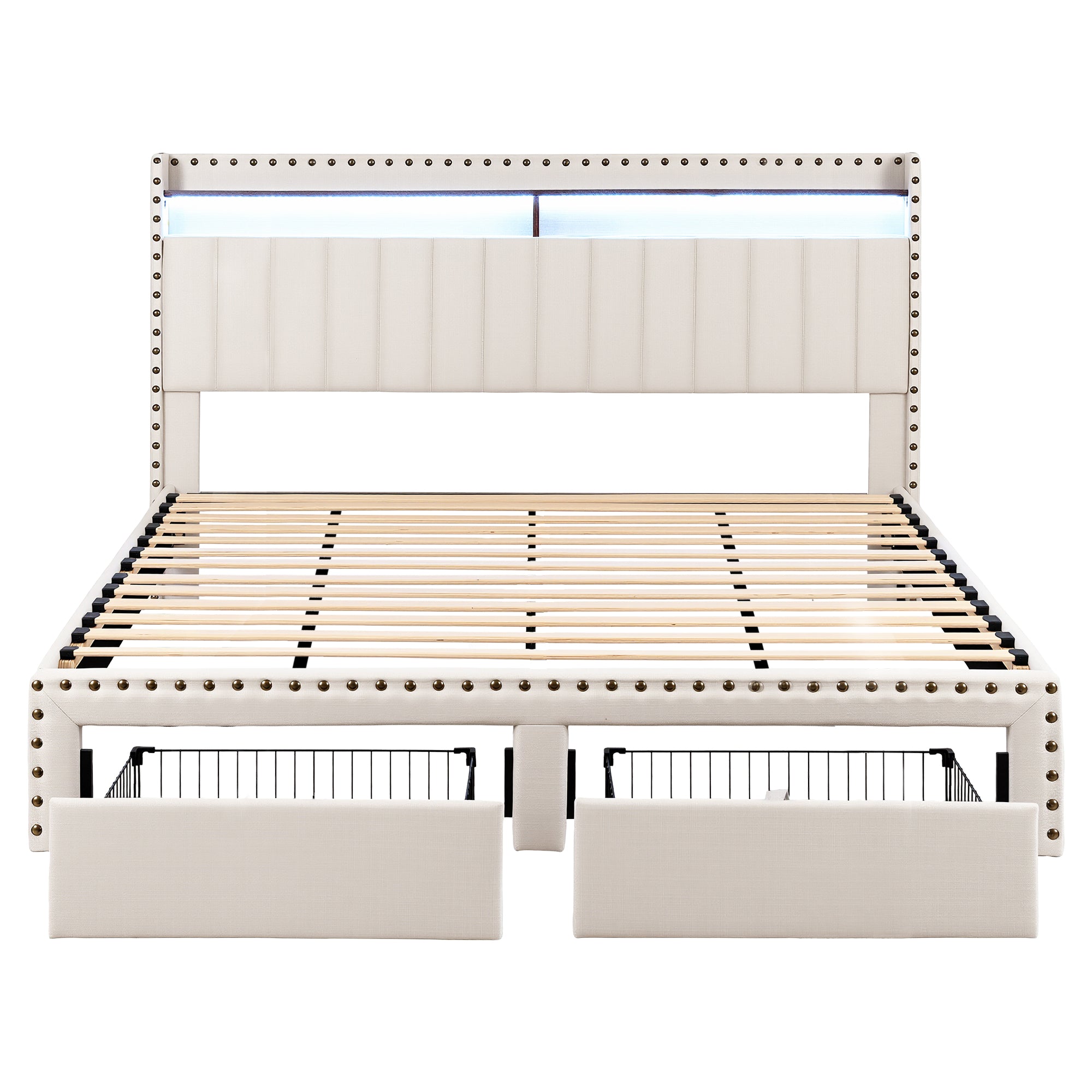 King Package | Nouvea LED Storage Bed Frame Beige & Serenity Euro Top Mattress (Medium Firm)