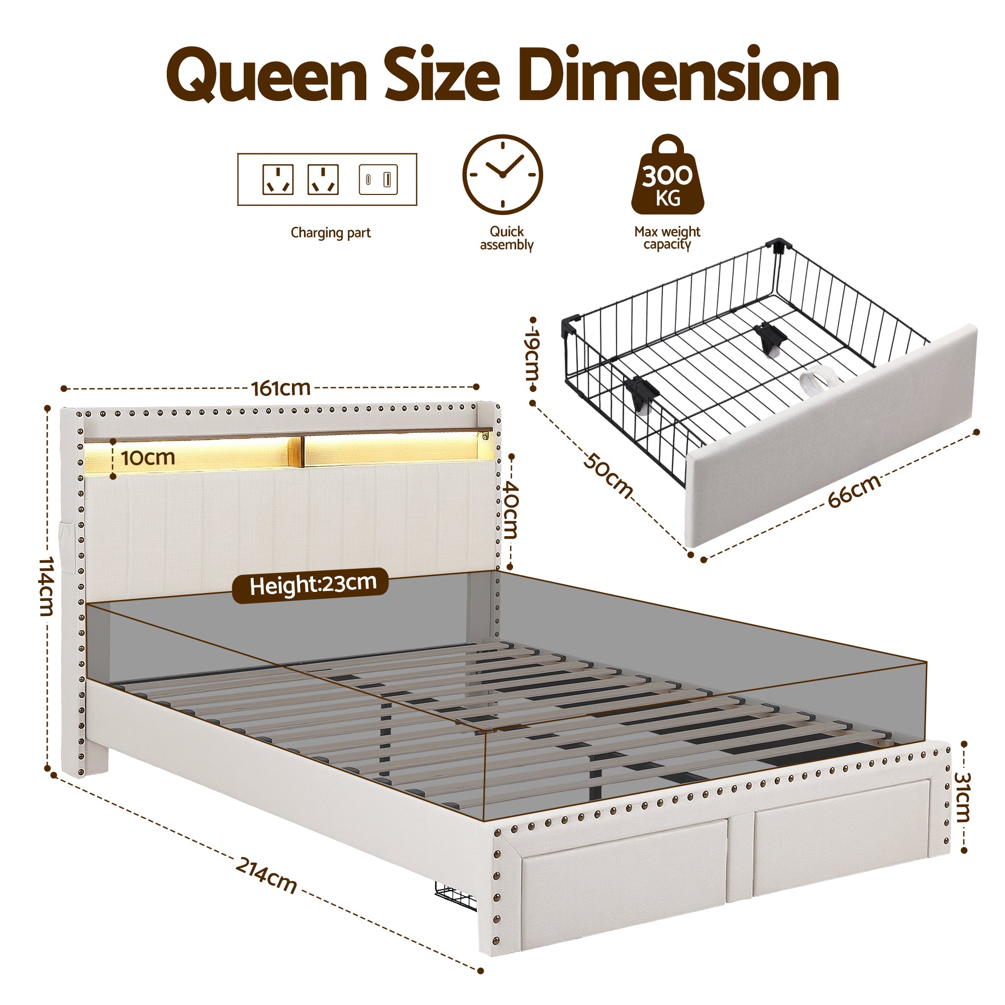 Nouvea Queen Bed Frame with Storage Drawers, LED Lighting and USB Charging - Beige