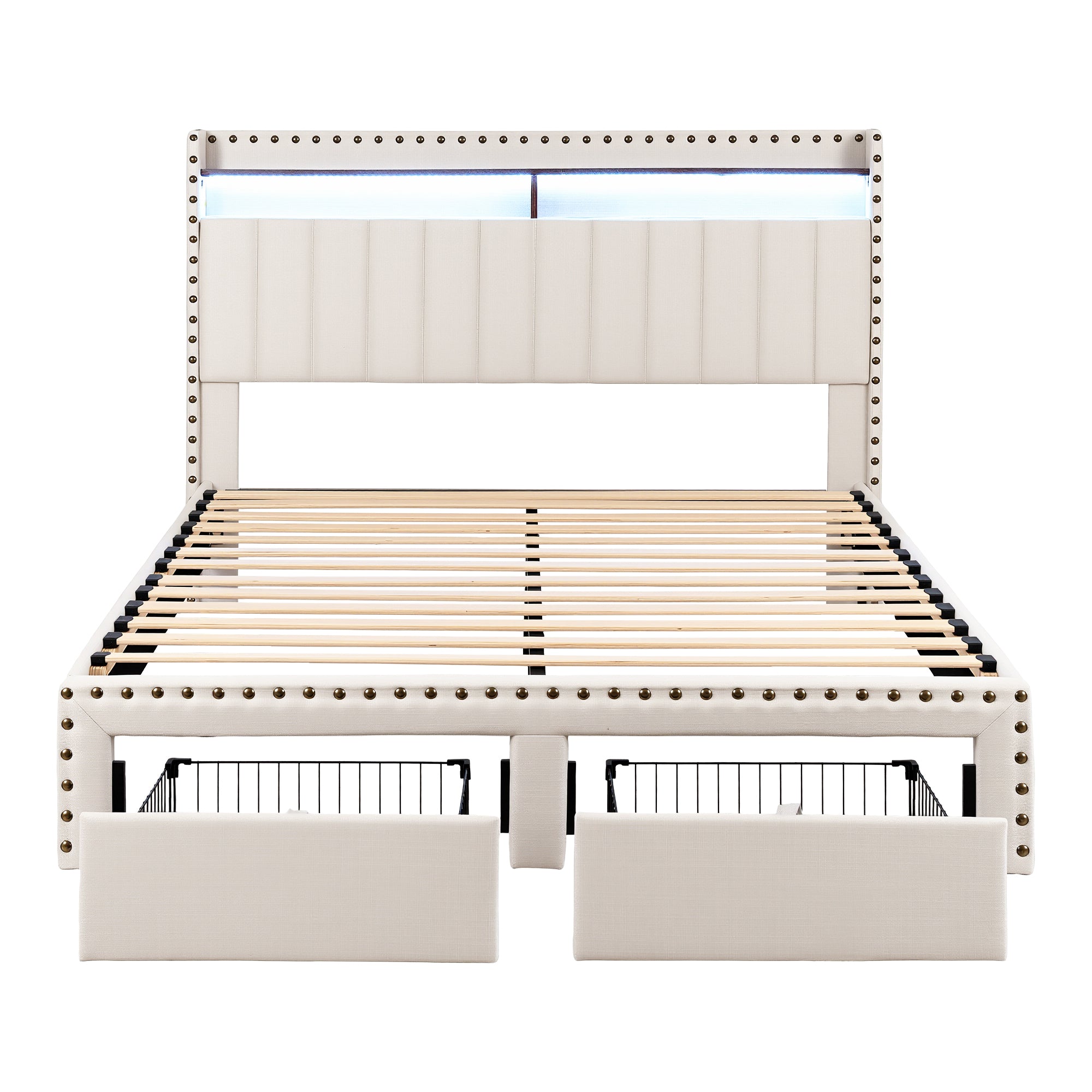 Nouvea Queen Bed Frame with Storage Drawers, LED Lighting and USB Charging - Beige