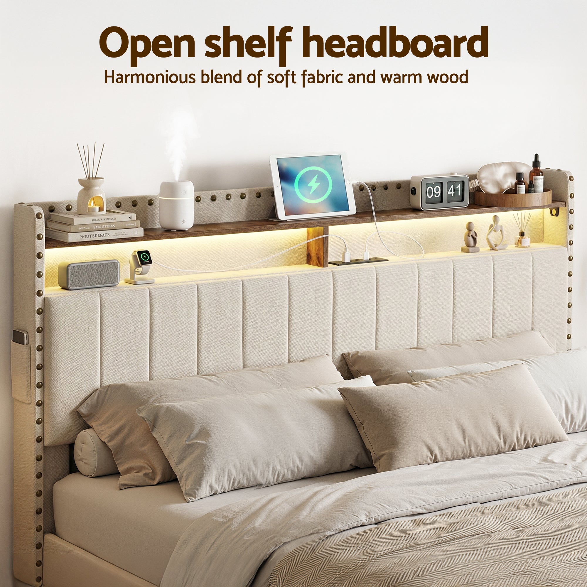 Nouvea Queen Bed Frame with Storage Drawers, LED Lighting and USB Charging - Beige