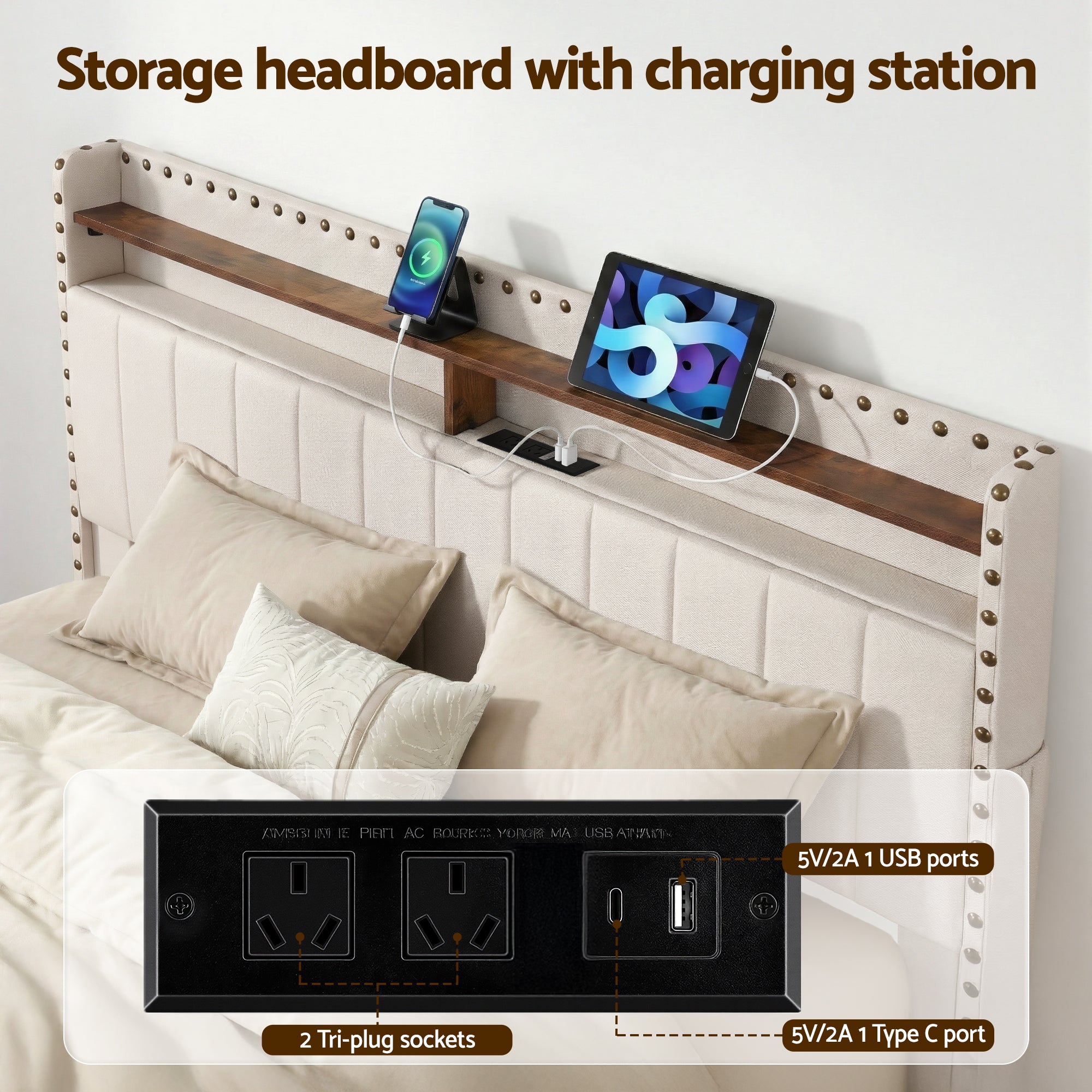 Nouvea Queen Bed Frame with Storage Drawers, LED Lighting and USB Charging - Beige