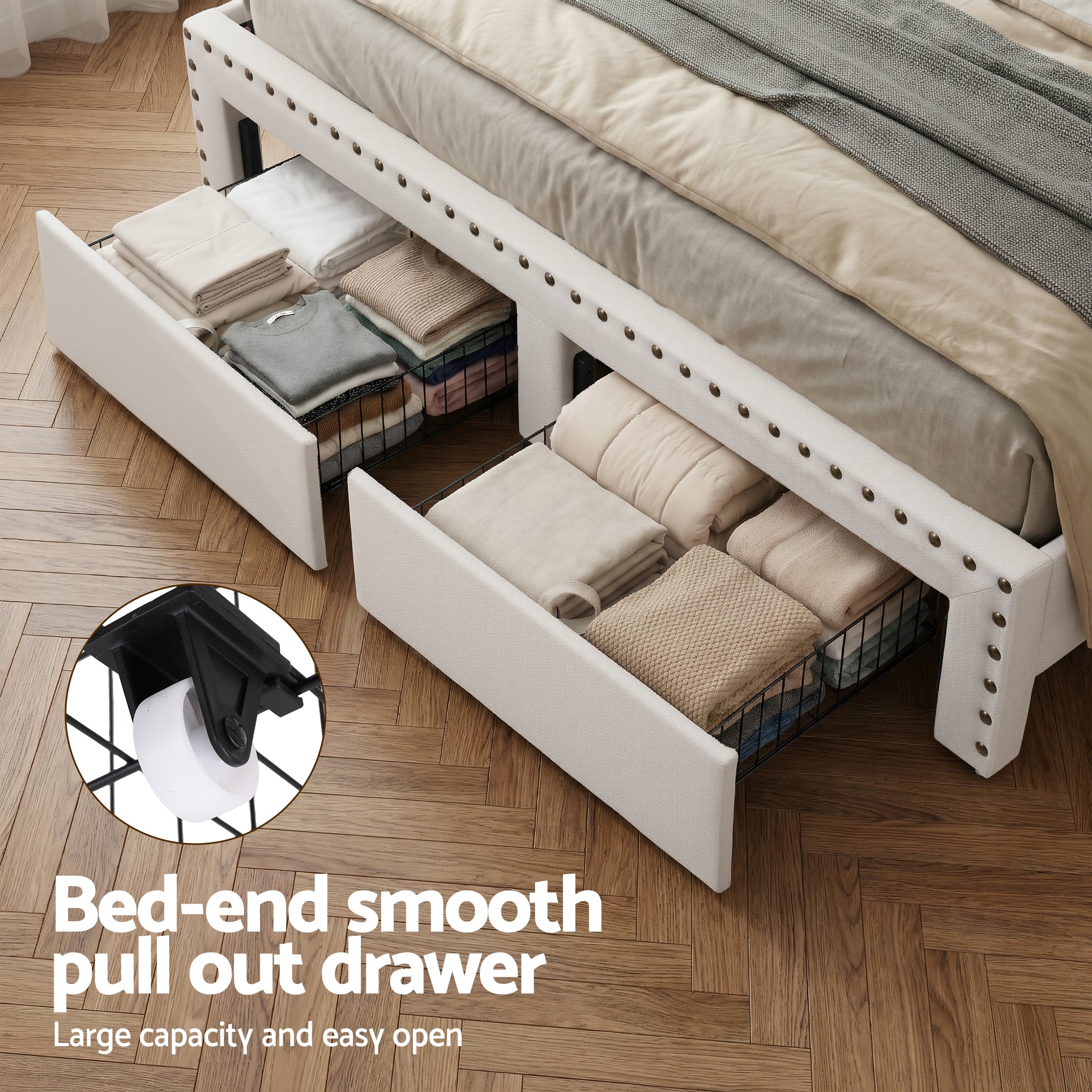 Nouvea Queen Bed Frame with Storage Drawers, LED Lighting and USB Charging - Beige