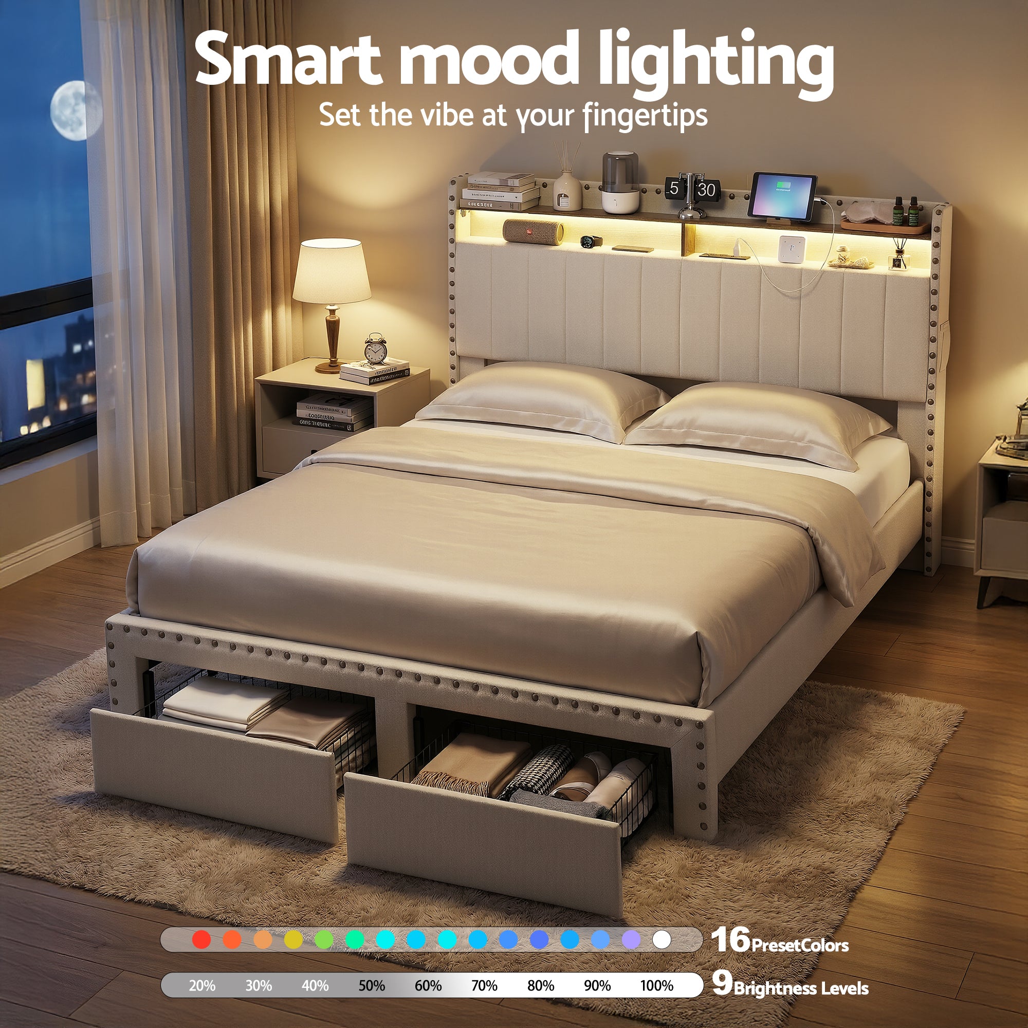 Nouvea Queen Bed Frame with Storage Drawers, LED Lighting and USB Charging - Beige