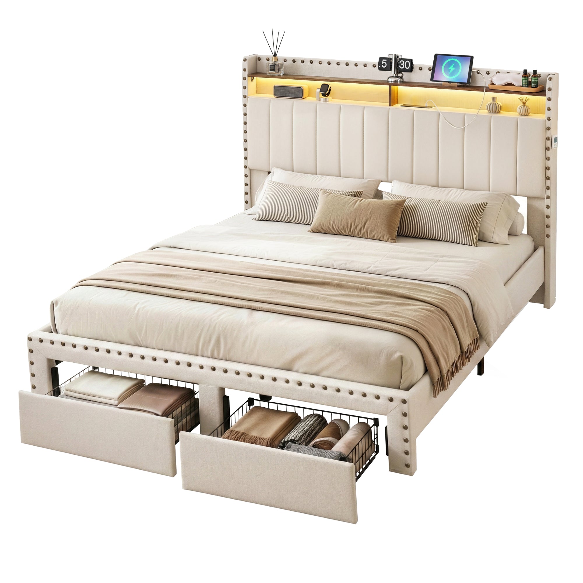 Nouvea Queen Bed Frame with Storage Drawers, LED Lighting and USB Charging - Beige