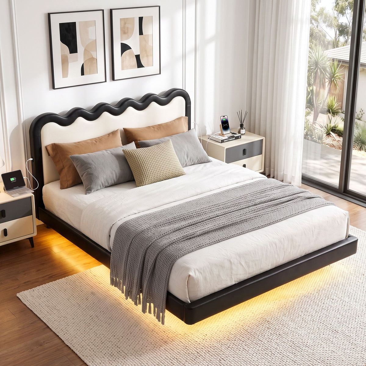 Double Floating Bed Frame with RGB LED and USB Charging - Black and Beige