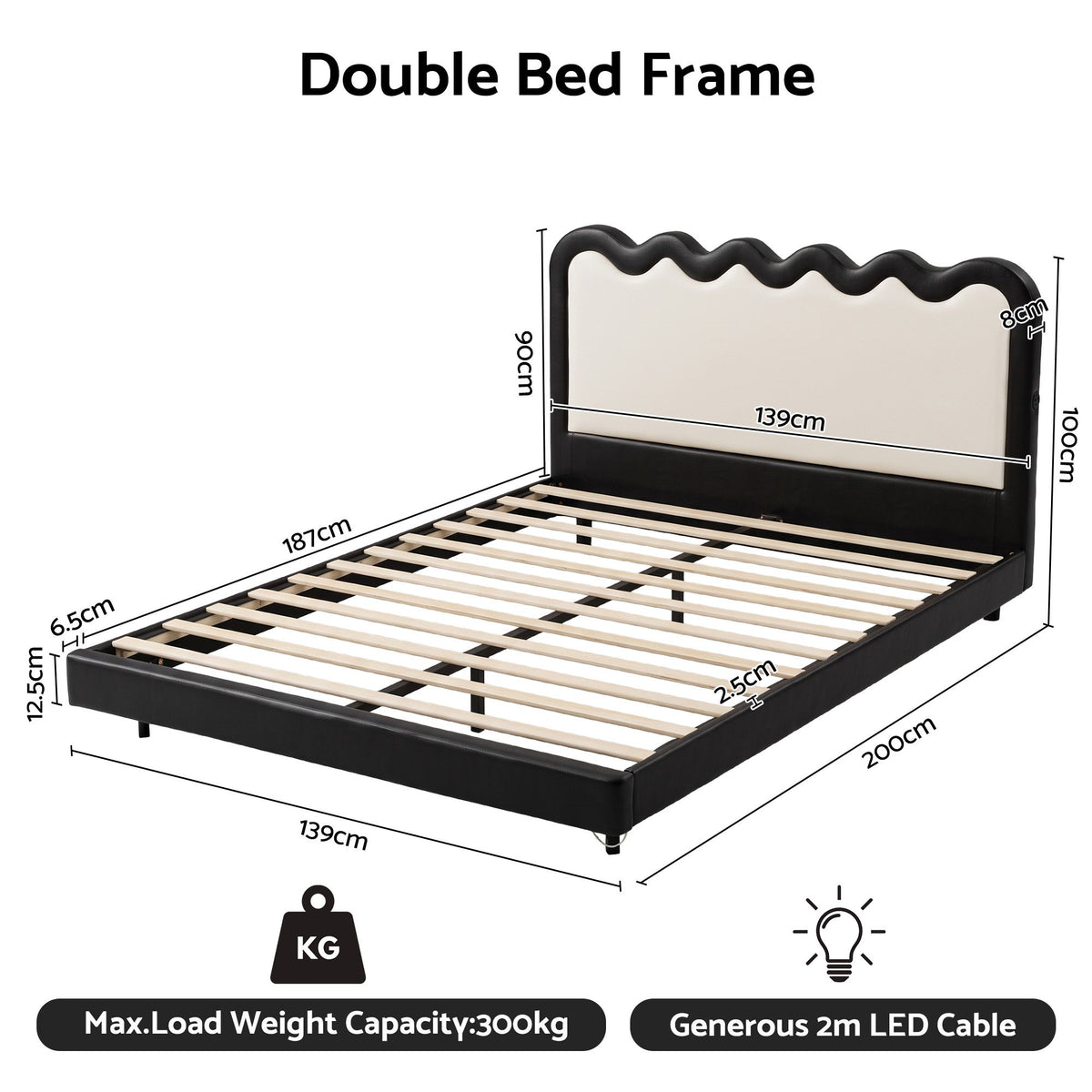Double Floating Bed Frame with RGB LED and USB Charging - Black and Beige
