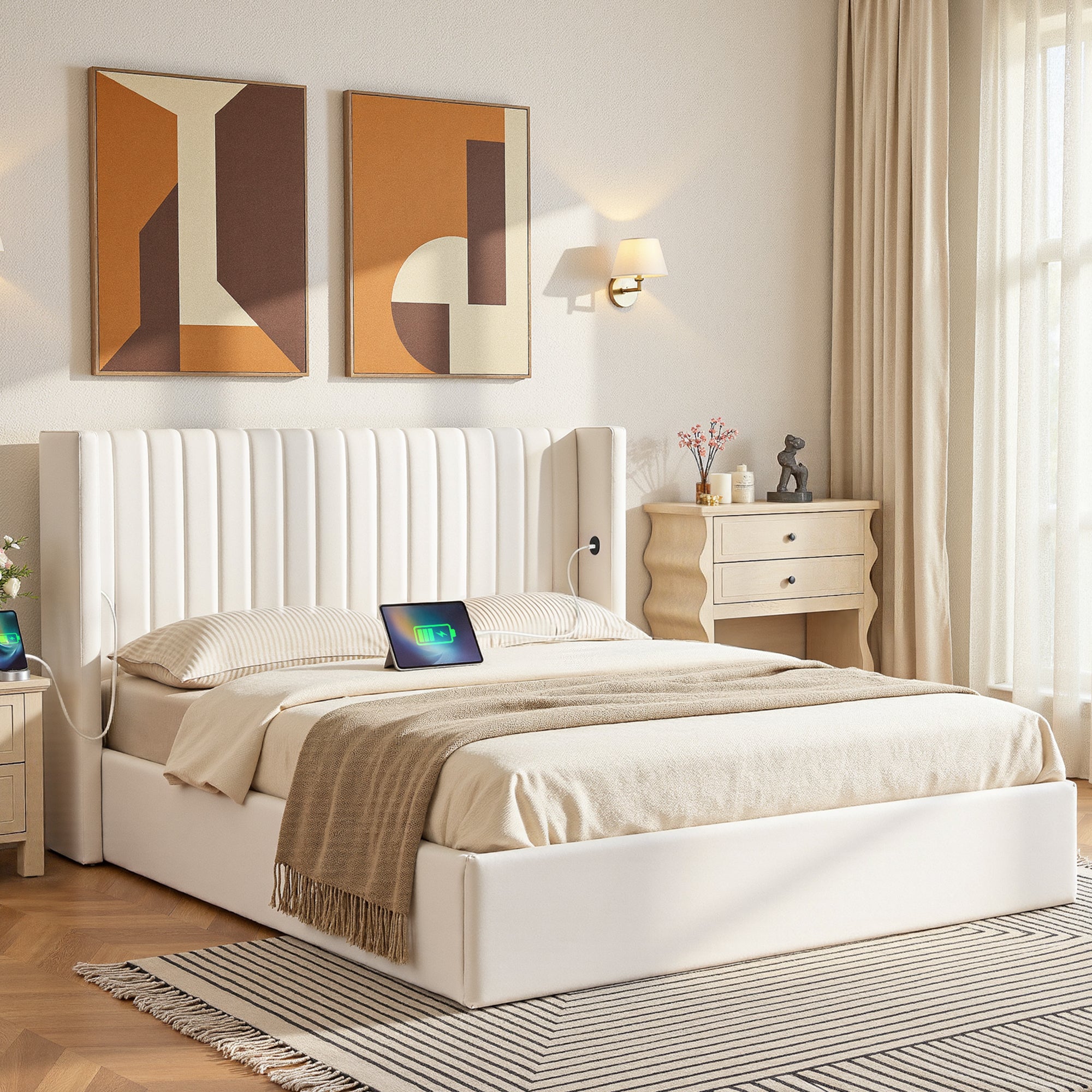 Aria Vertical Tufted Queen Gas Lift Storage Bed Frame – White